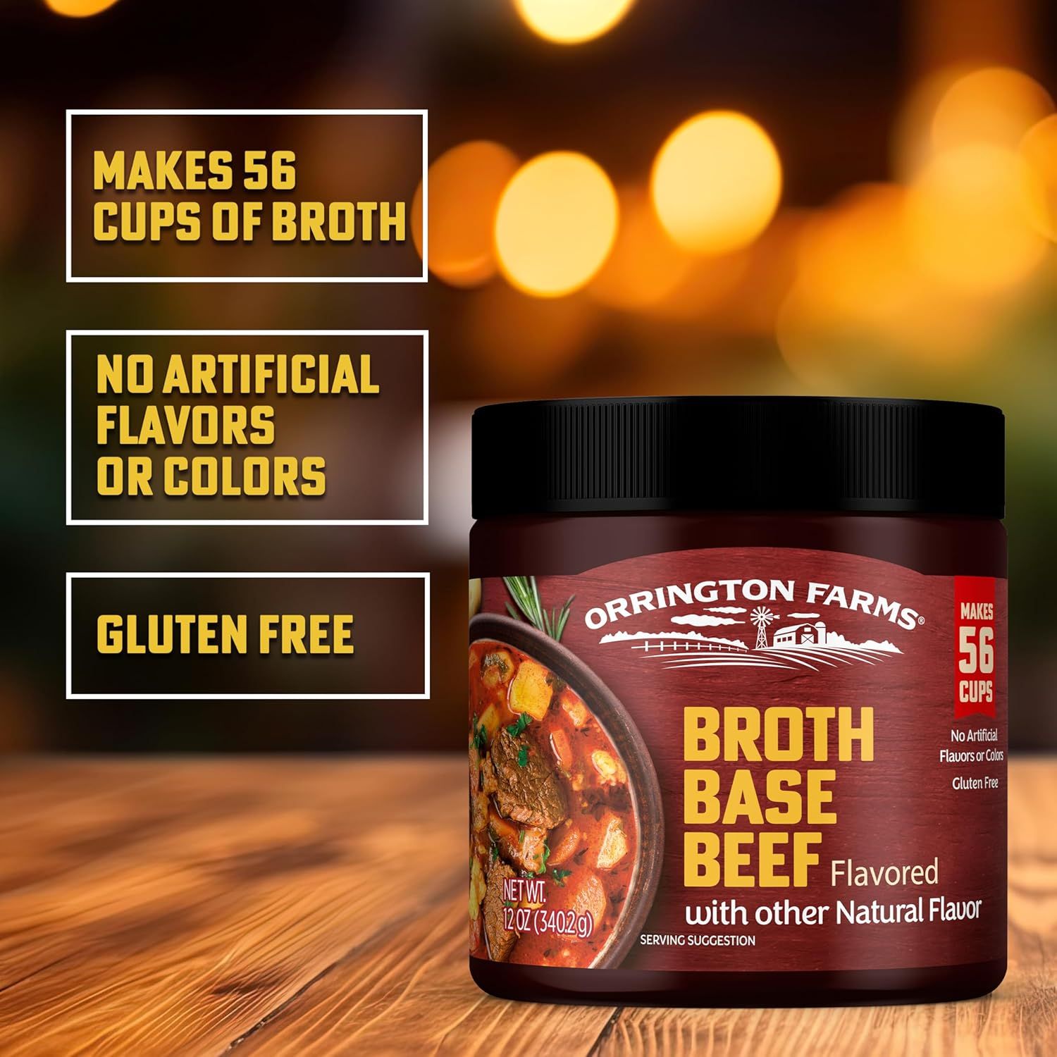 Communicates multiple key selling benefits of the broth base product in a visually segmented layout to reassure shoppers about quantity, natural ingredients, and dietary compatibility.