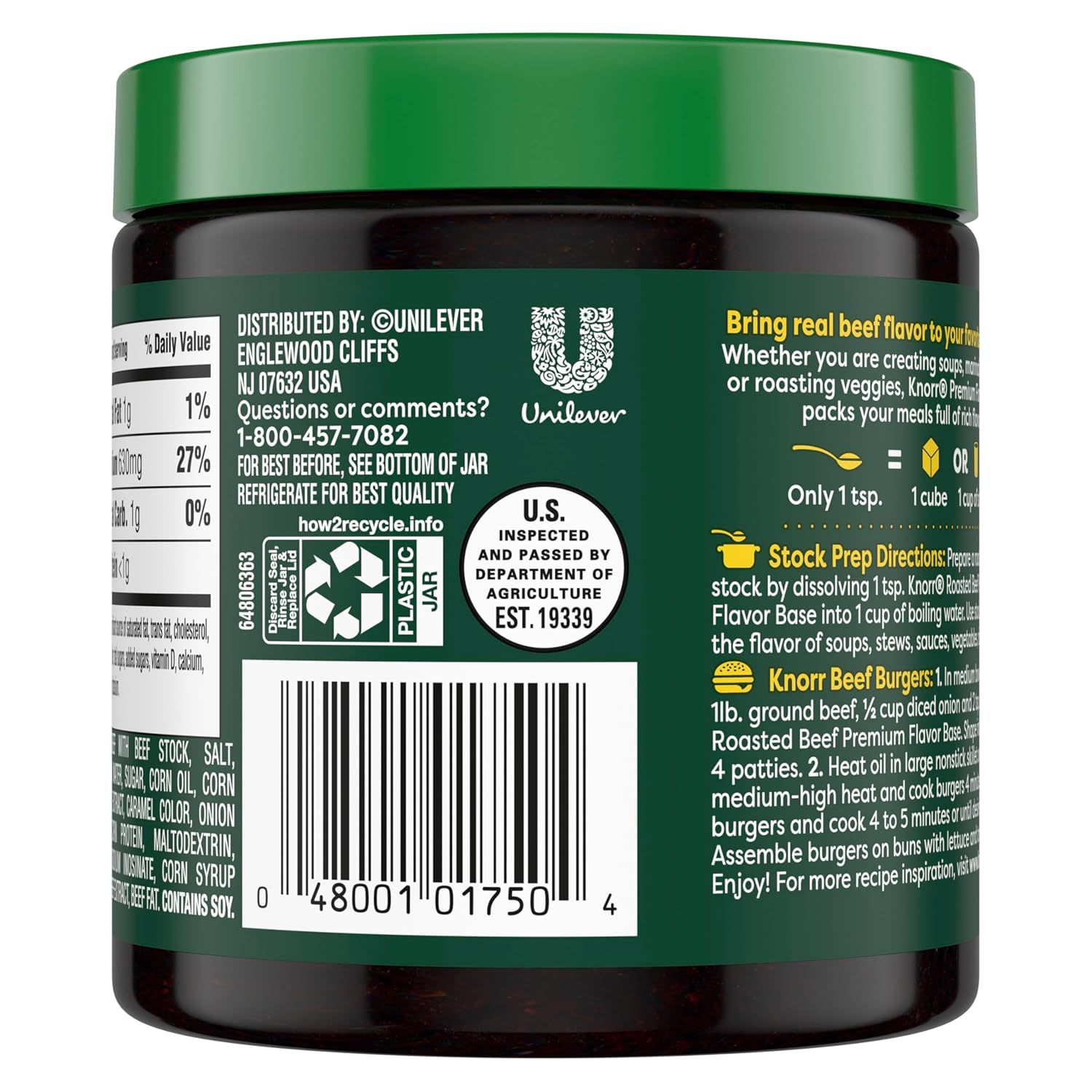 Provides clear usage instructions showing how to prepare stock and use the product in recipes like beef burgers, helping shoppers understand the product's versatility and ease of use.