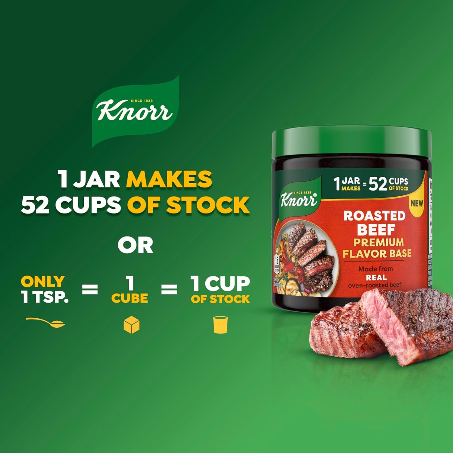 Communicates the product's high yield and value by showing that one jar makes 52 cups of stock, and provides a clear equivalency guide showing how 1 tablespoon equals 1 cube equals 1 cup of stock.…