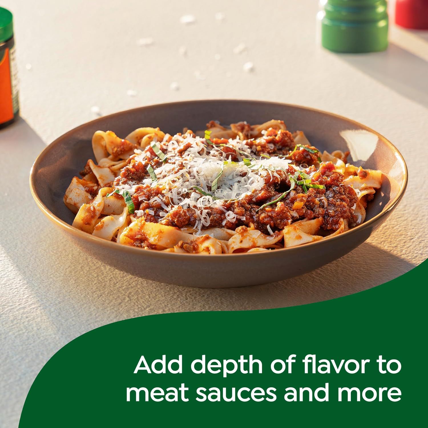 Demonstrates how the product can be used to add depth of flavor to meat sauces and pasta dishes, showing a practical cooking application. Highlights the product's ability to enhance and add depth to…