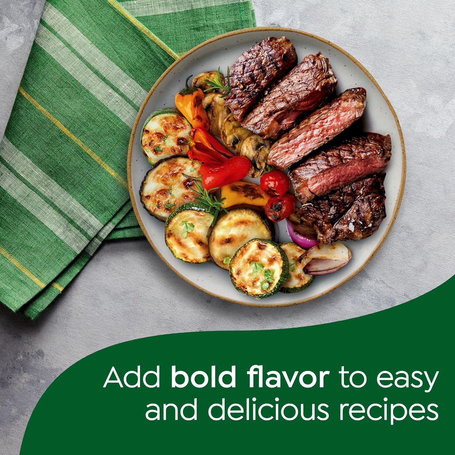 Demonstrates the product's ability to add bold flavor to meals, showing an appetizing prepared dish to inspire shoppers and communicate culinary versatility.