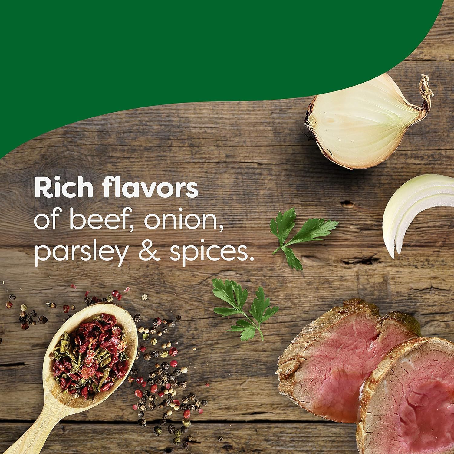 Communicates the product's rich, complex flavor composition featuring beef, onion, parsley, and spices to appeal to shoppers seeking authentic, flavorful food.