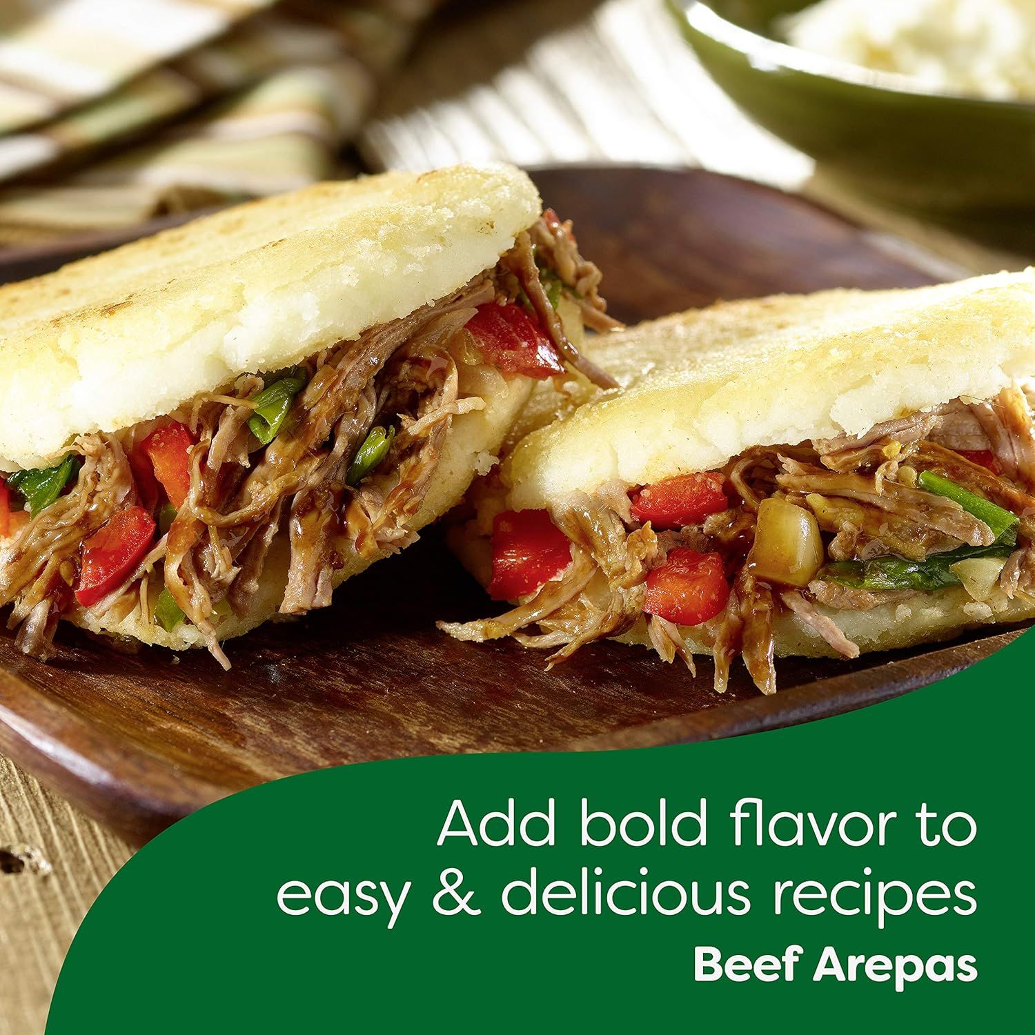 Demonstrates how the product can be used in a specific recipe (beef arepas) to inspire shoppers and show practical culinary applications. Communicates that the product adds bold flavor to easy and…