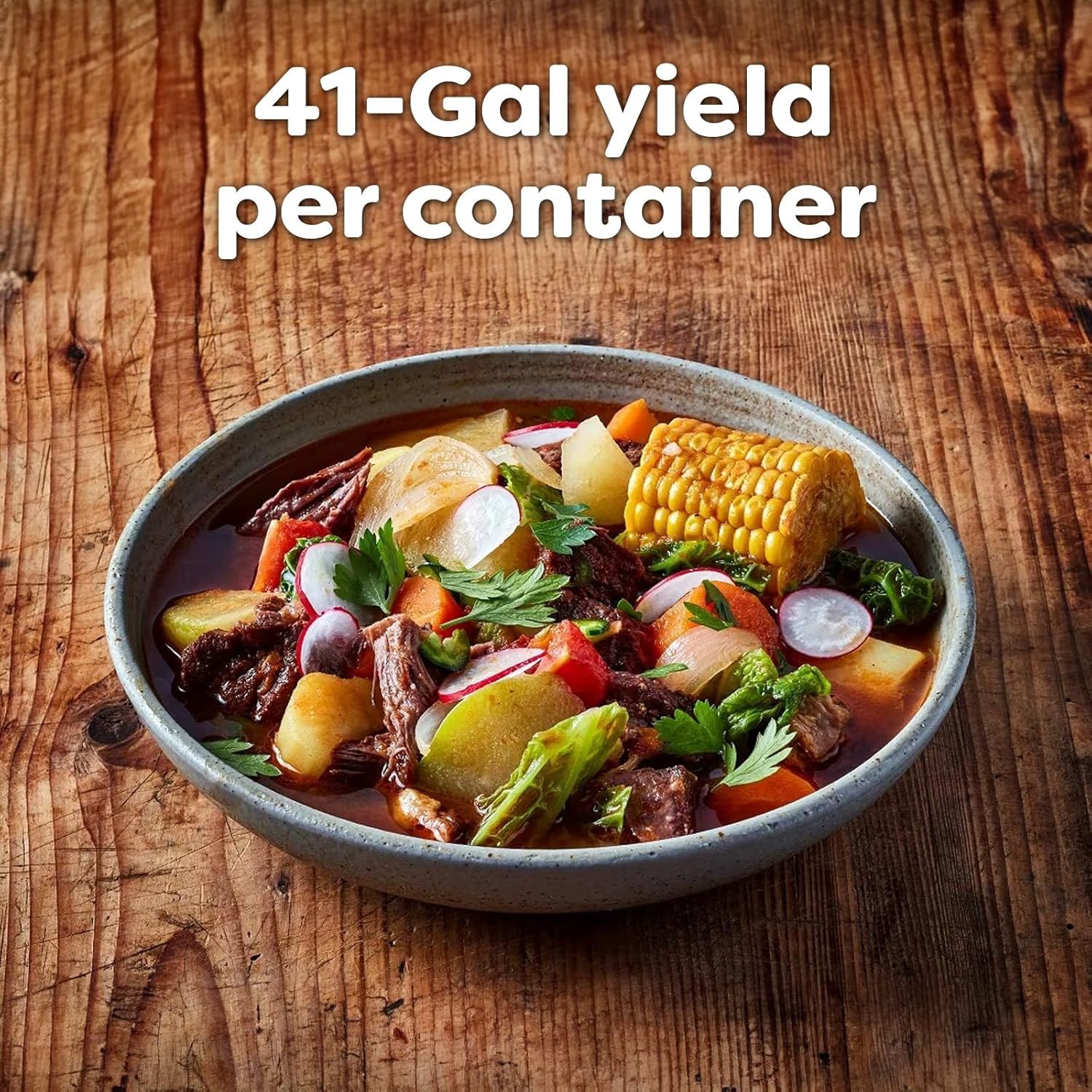 Communicates the generous 41-gallon yield per container to emphasize value, efficiency, and the product's ability to produce a large quantity of food.