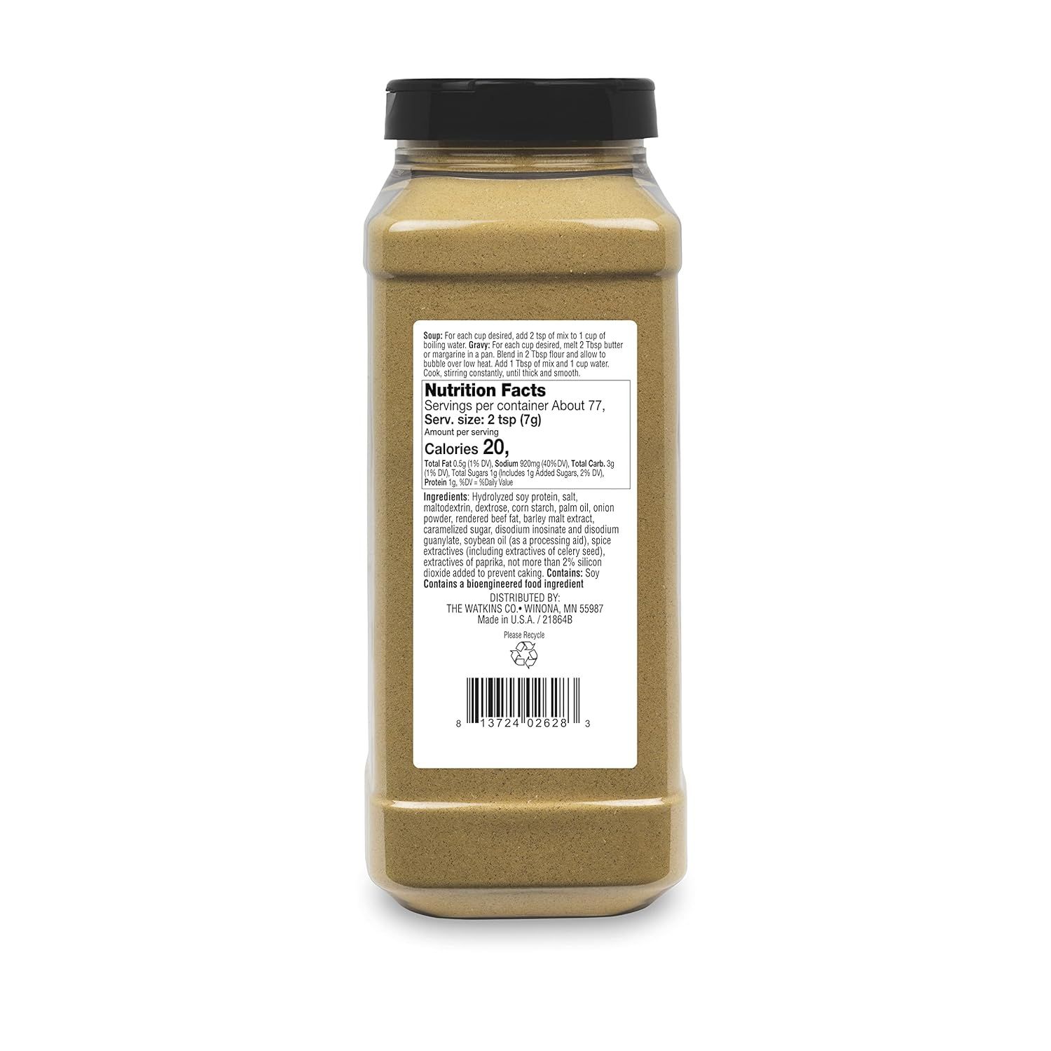 Displays the product in a clean, catalog-style format showing the back label with nutrition facts and ingredients for shopper reference.