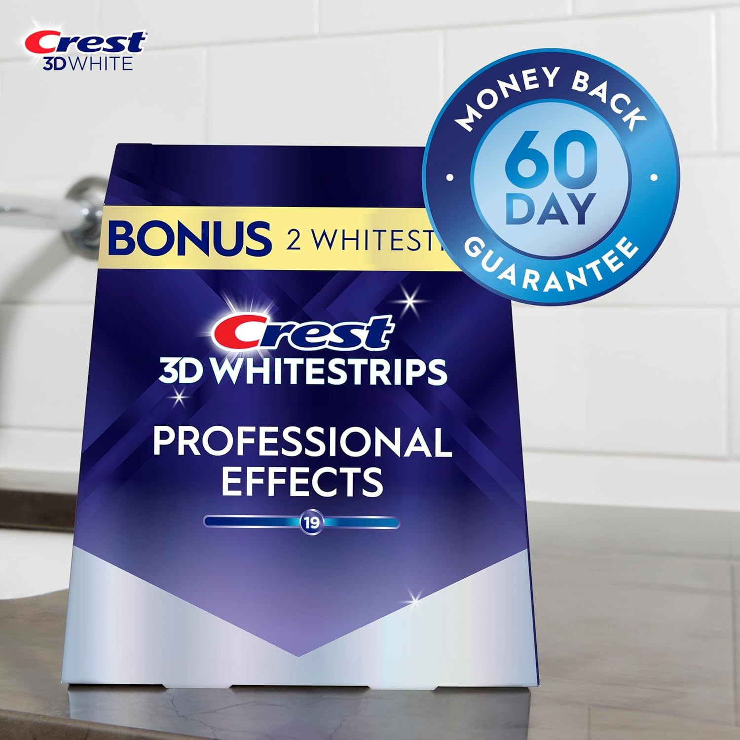 Communicates a risk-free trial period with a 60-day money-back guarantee to build shopper confidence and reduce purchase hesitation. Highlights the professional-level whitening effectiveness of the…