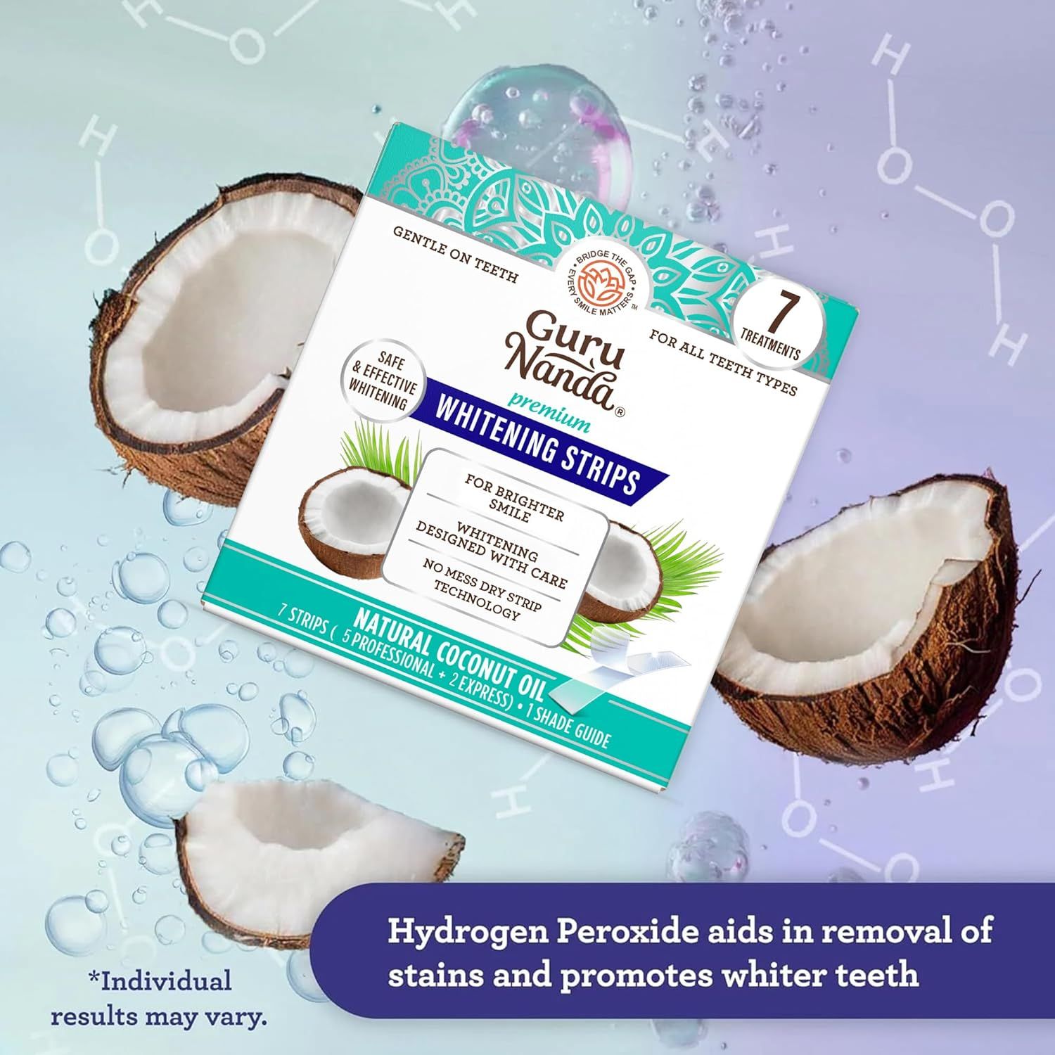 Communicates the key whitening benefit of the product using hydrogen peroxide to remove stains and promote whiter teeth, while highlighting the natural coconut oil ingredient.