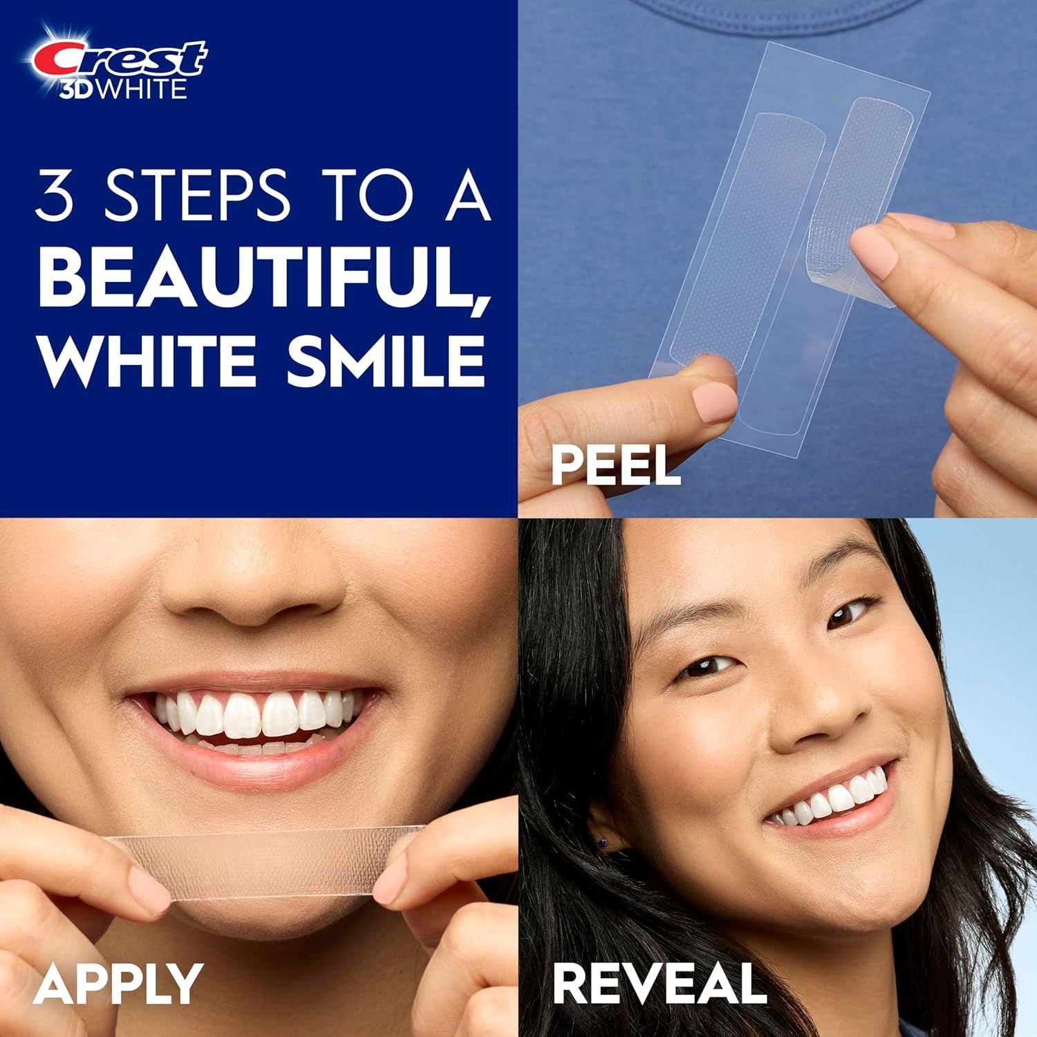 Demonstrates the simple 3-step process (Peel, Apply, Reveal) for using Crest 3D White whitening strips to achieve a whiter smile, making the product feel easy and accessible to shoppers.