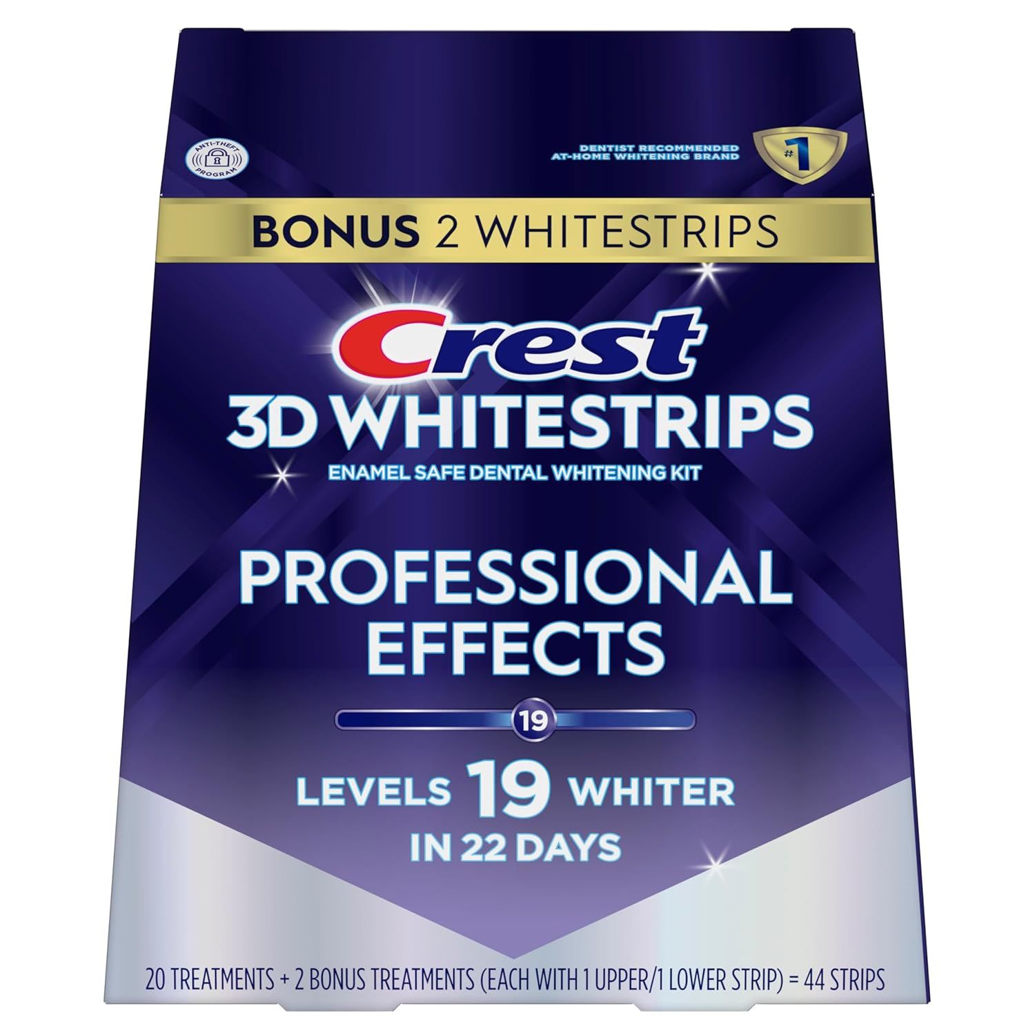 Communicates multiple key selling benefits including professional-level whitening results, specific performance metrics (19 levels whiter in 22 days), safety credentials (enamel safe, dentist…
