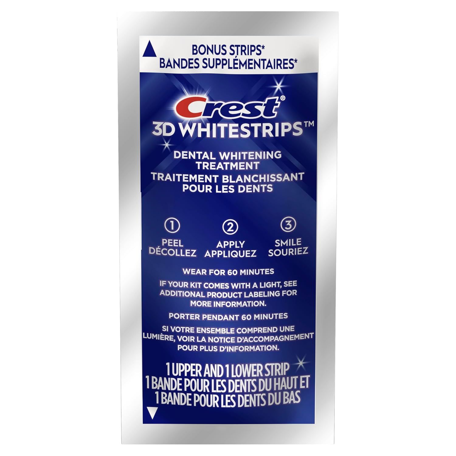 Provides clear step-by-step instructions on how to use the whitening strips (peel, apply, smile) to ensure proper application and effectiveness. Communicates the simplicity and convenience of the…