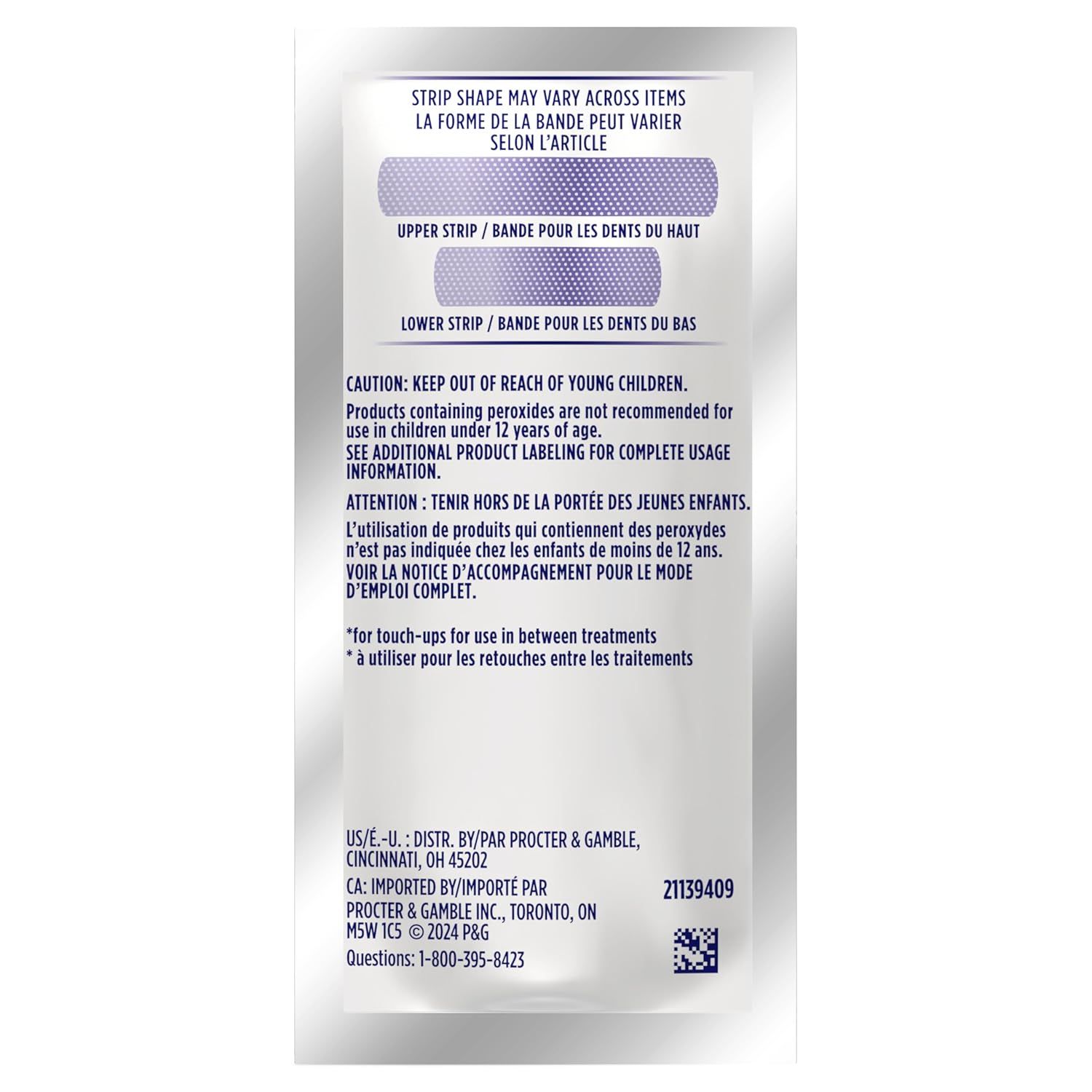 Explains the physical components of the whitening strips (upper and lower strips) and informs shoppers that strip shapes may vary across items, helping them understand what to expect in the package.…