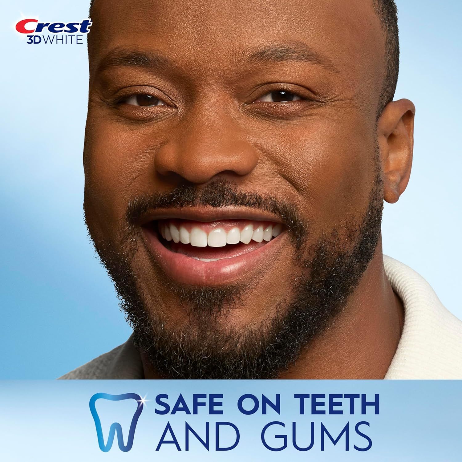 Reassures shoppers that the Crest 3D White product is gentle and safe for use on teeth and gums, addressing potential concerns about sensitivity or harm from whitening products. Communicates the key…