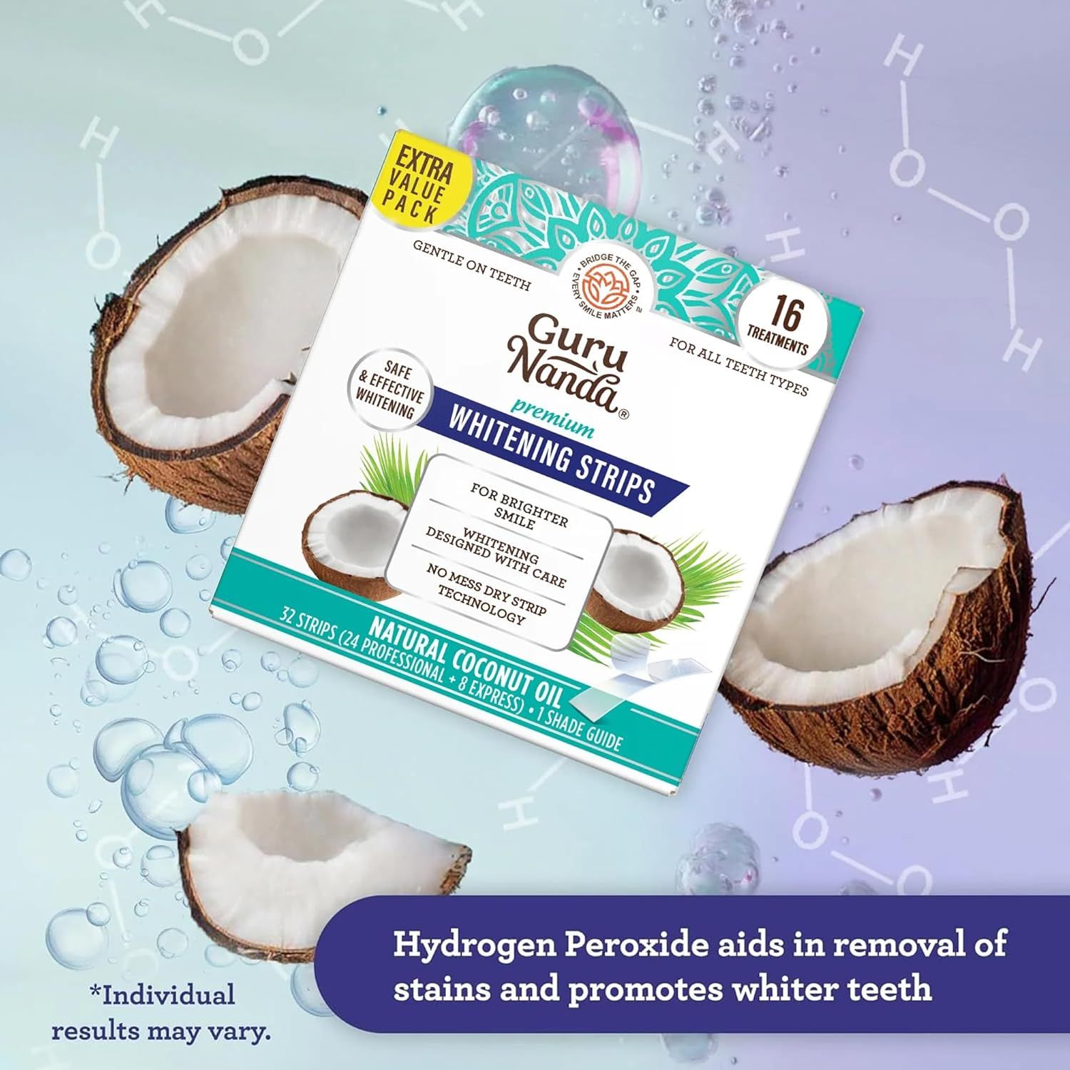 Communicates the key whitening benefit of the product using hydrogen peroxide to remove stains and promote whiter teeth, while highlighting the natural coconut oil ingredient.