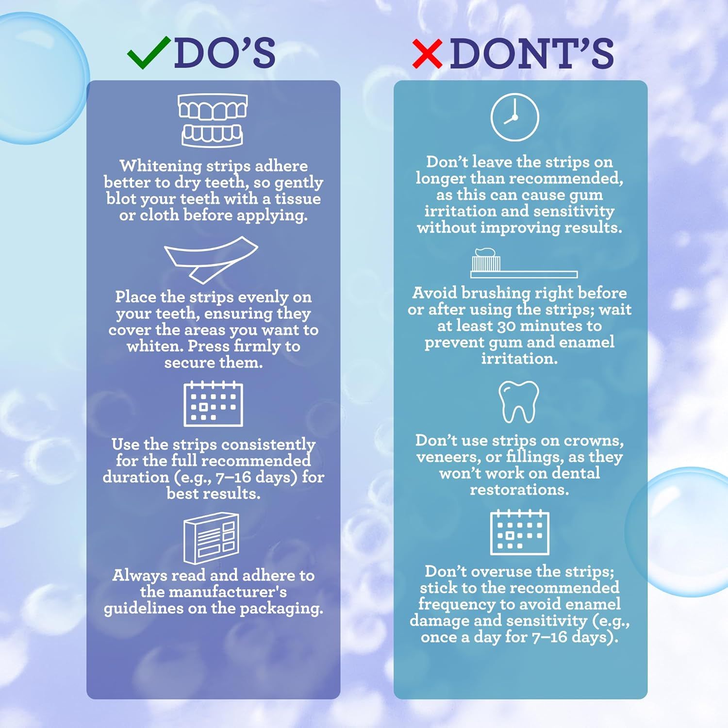 Educates shoppers on the correct way to use whitening strips and common mistakes to avoid, ensuring safe and effective results while preventing gum irritation and enamel damage.