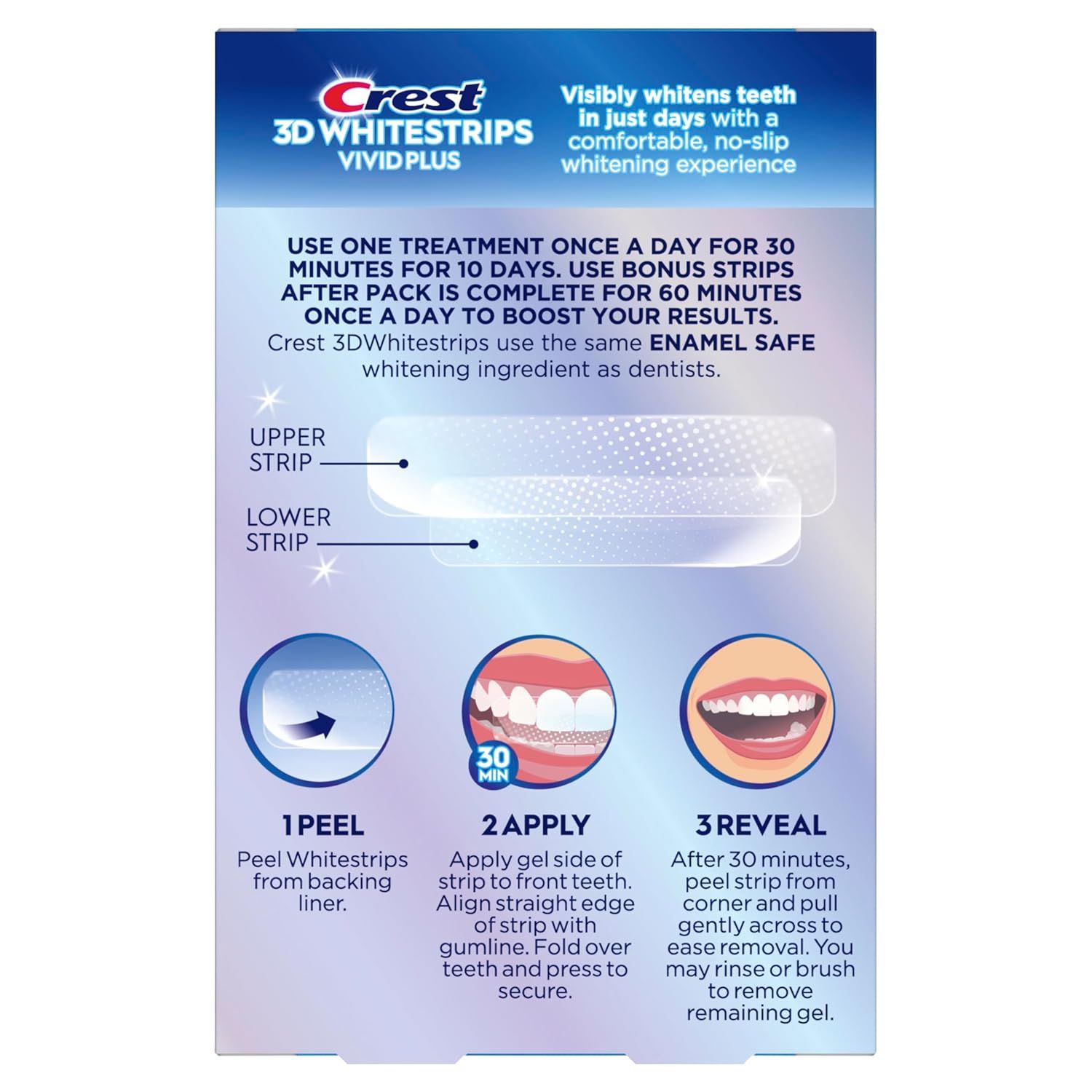 Provides clear step-by-step instructions on how to use the whitening strips, from peeling to application to removal, ensuring shoppers understand the simple usage process. Communicates multiple…