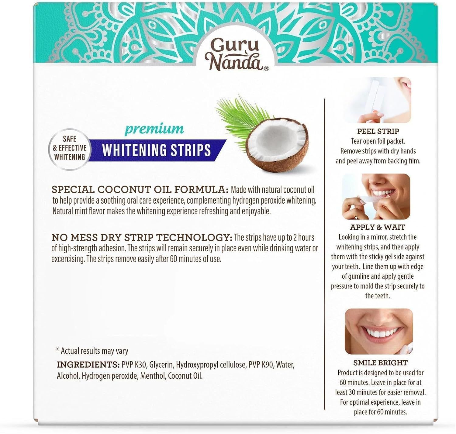Educates shoppers on how to properly use the whitening strips through a clear three-step process (peel, apply, wait) to ensure effective results and ease of use. Highlights multiple distinct product…