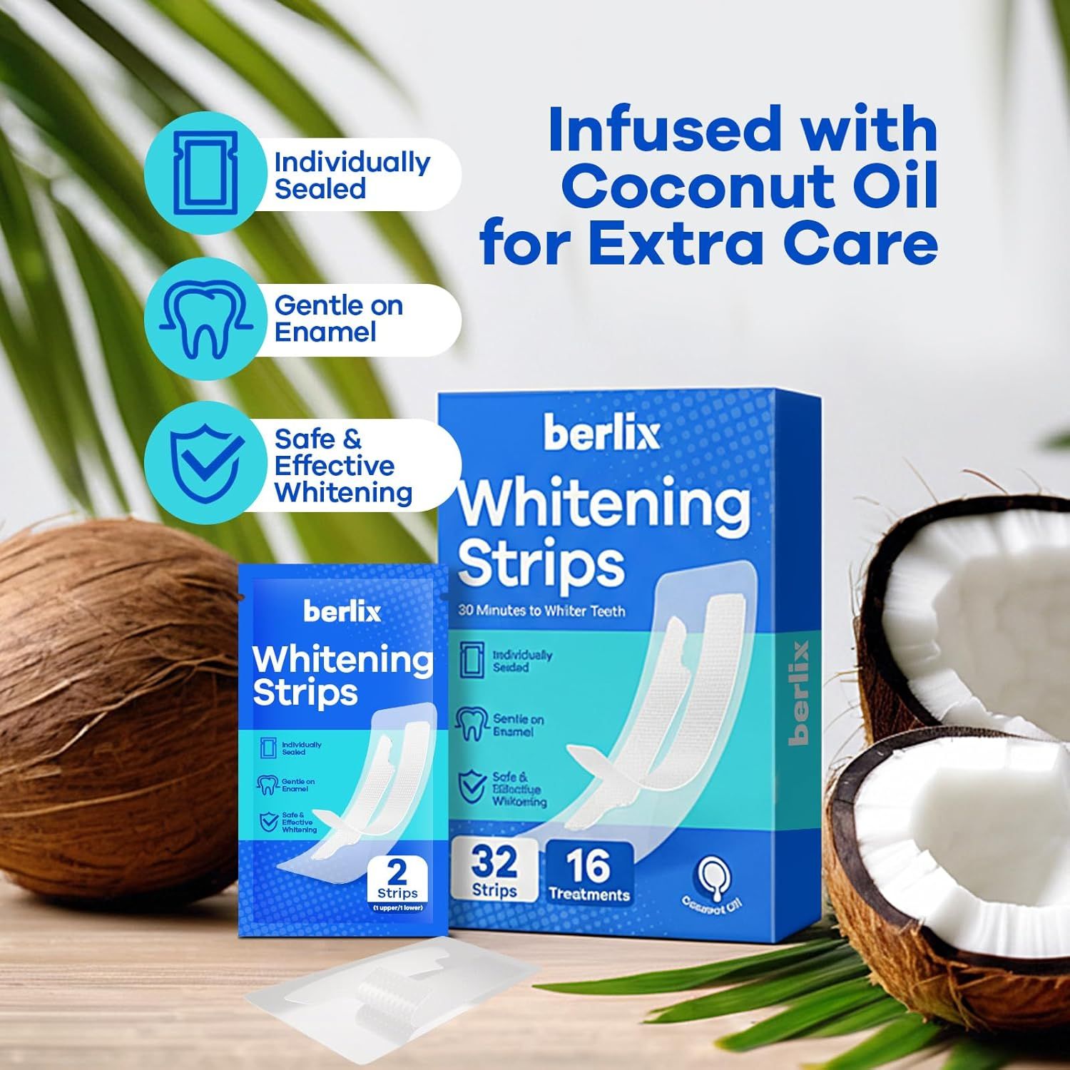 Communicates multiple distinct product benefits in a visually segmented layout to reassure shoppers that the whitening strips are safe, effective, and offer extra care through coconut oil infusion.
