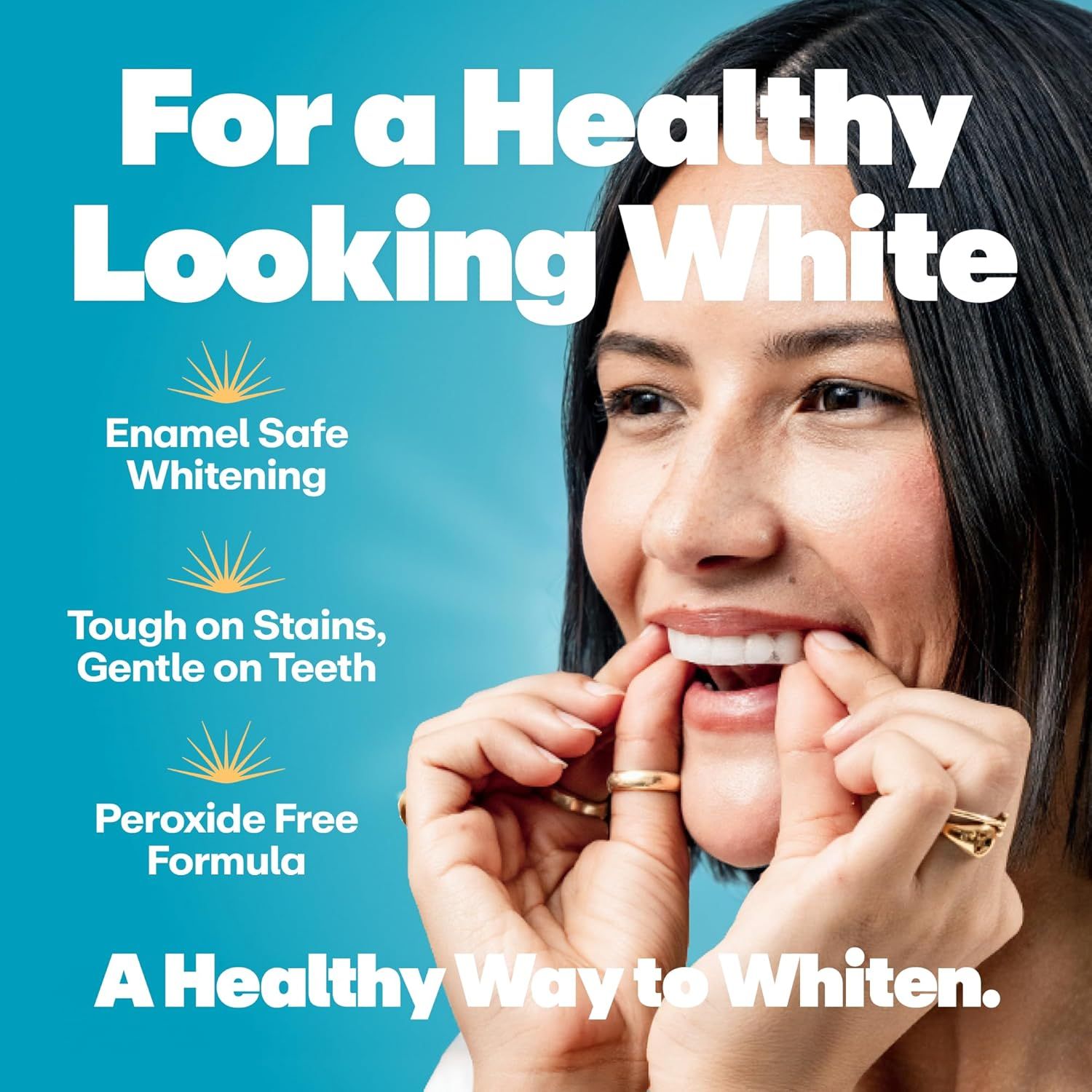Communicates multiple key benefits of the whitening product to reassure shoppers that it delivers effective whitening while being safe and gentle on teeth.