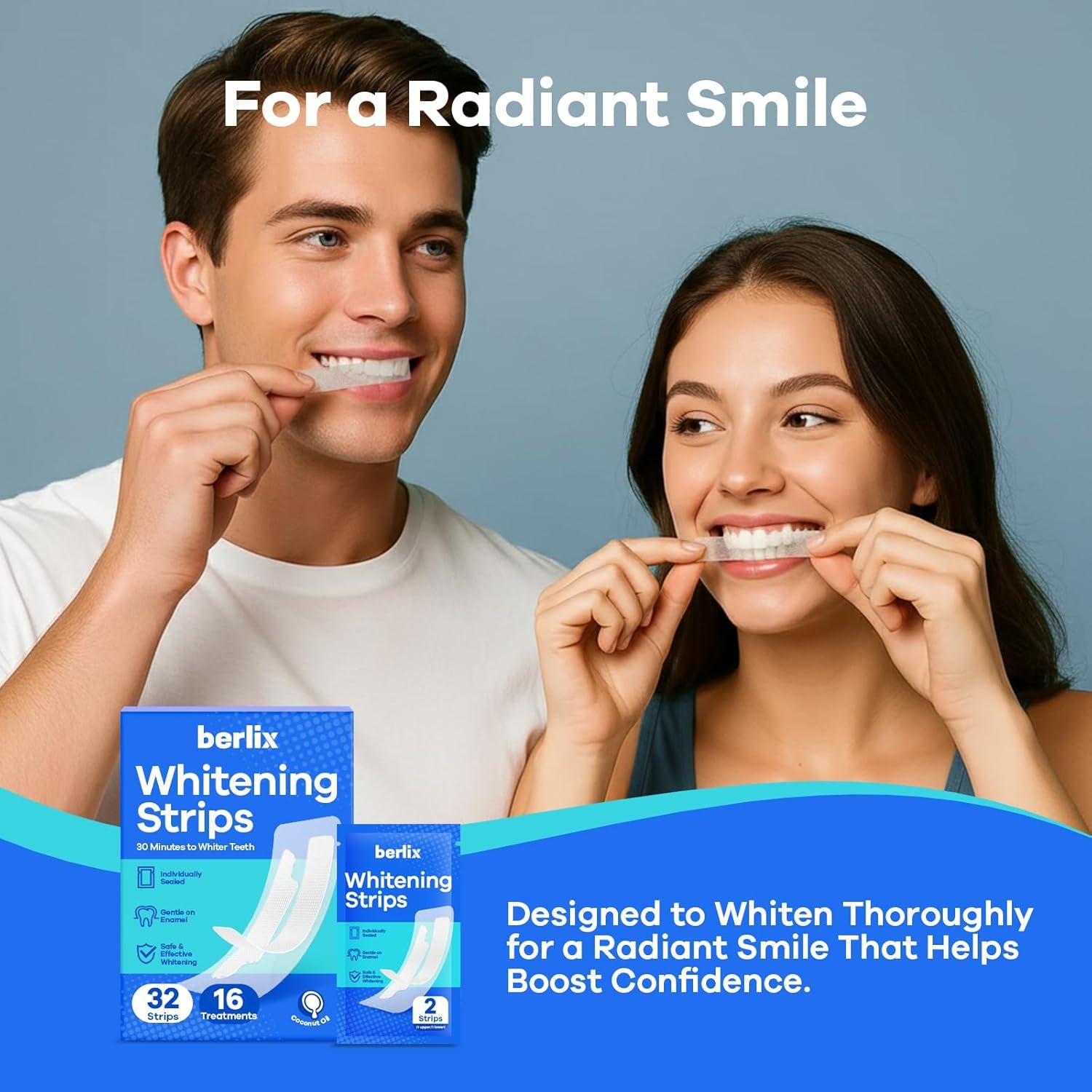 Communicates the primary benefit of achieving a radiant, whiter smile that boosts confidence, showing the product in use with a simple, unified lifestyle scene and one core message.