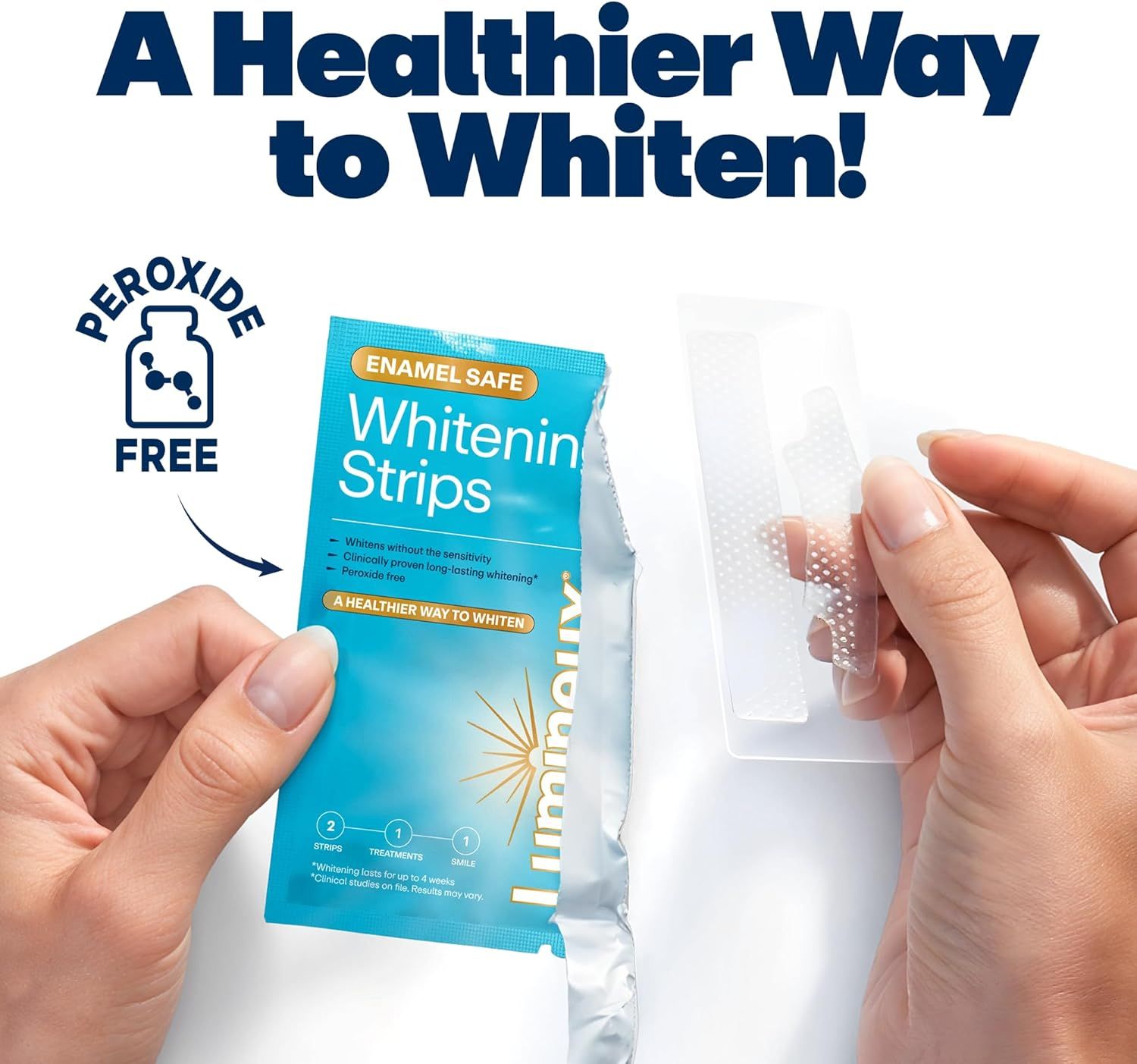 Communicates that this whitening product is a healthier, safer alternative because it does not contain peroxide, addressing shopper concerns about tooth sensitivity and enamel damage. Reassures…