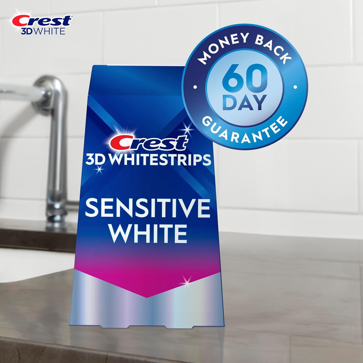 Reassures shoppers by highlighting the risk-free 60-day money-back guarantee, building trust and reducing purchase hesitation for the sensitive whitening product.