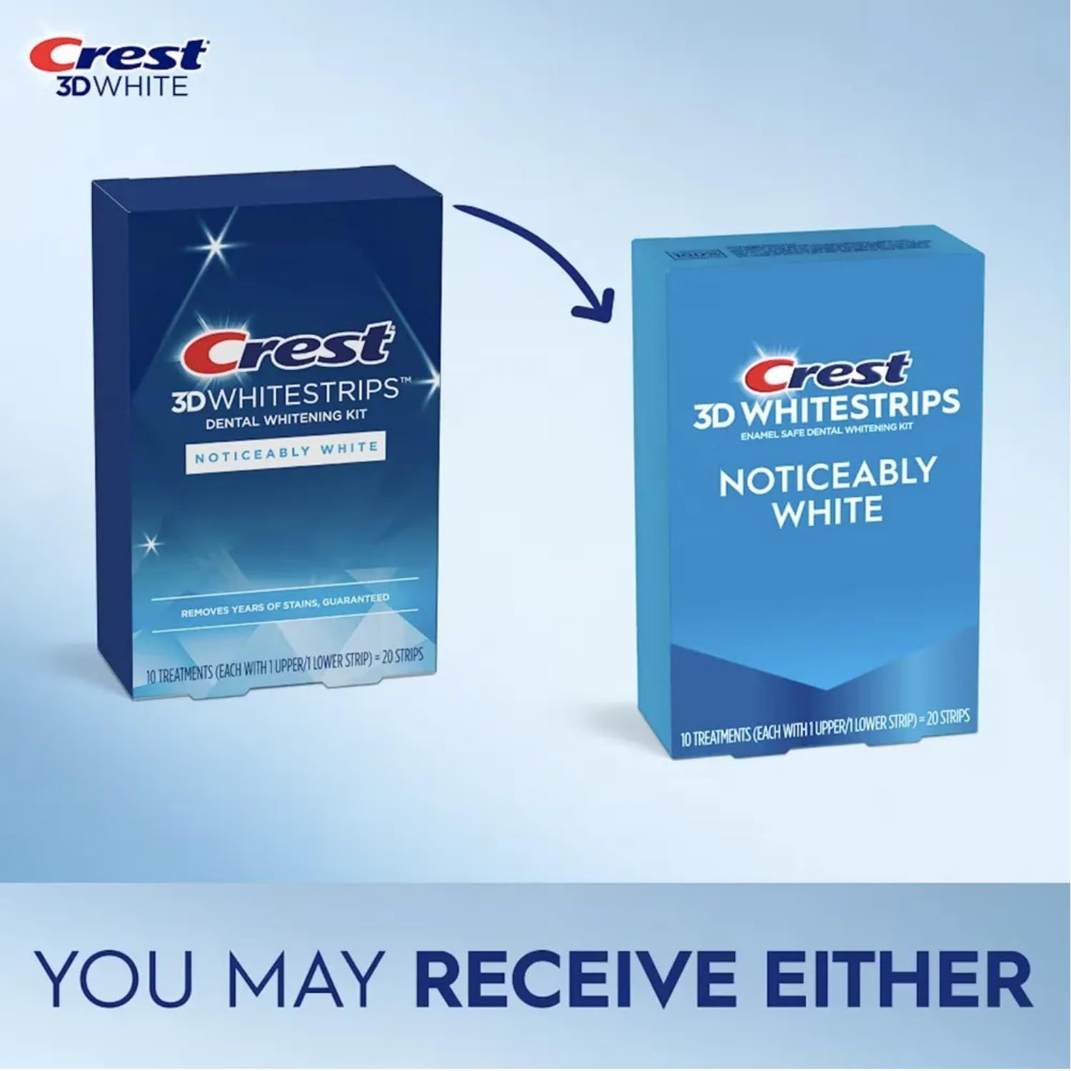 Informs shoppers that they may receive either of two packaging designs for the same Crest 3D Whitestrips product, managing expectations about packaging variation.