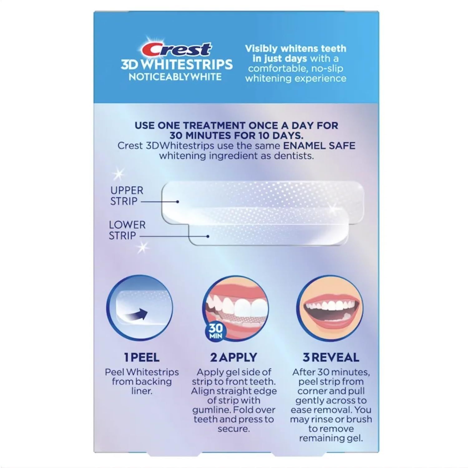 Provides clear step-by-step instructions on how to apply and use the whitening strips, reassuring shoppers that the product is easy to use correctly. Highlights multiple product benefits including…