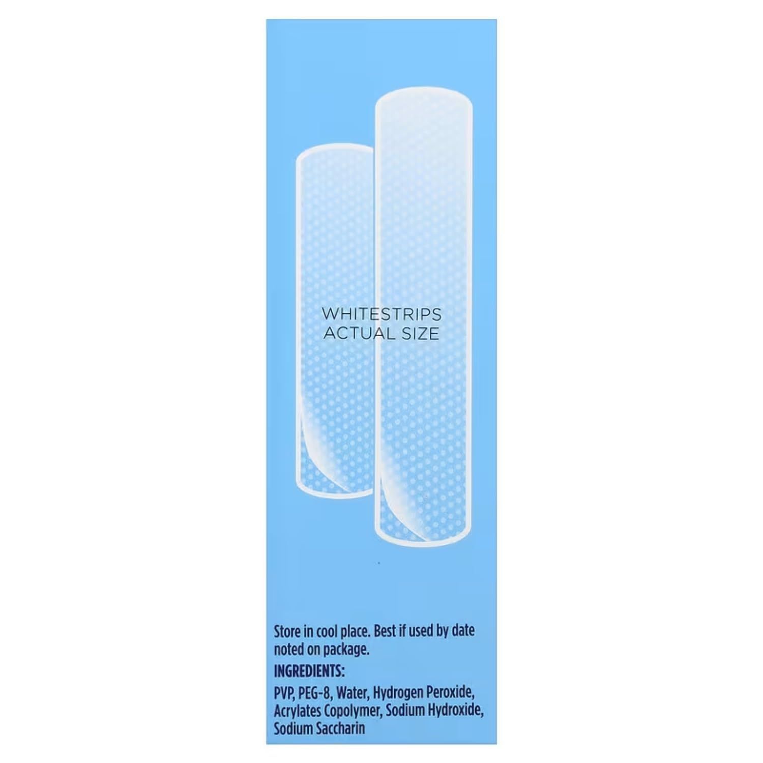 Shows the actual physical size of the whitestrips to help shoppers understand the product dimensions before purchase.
