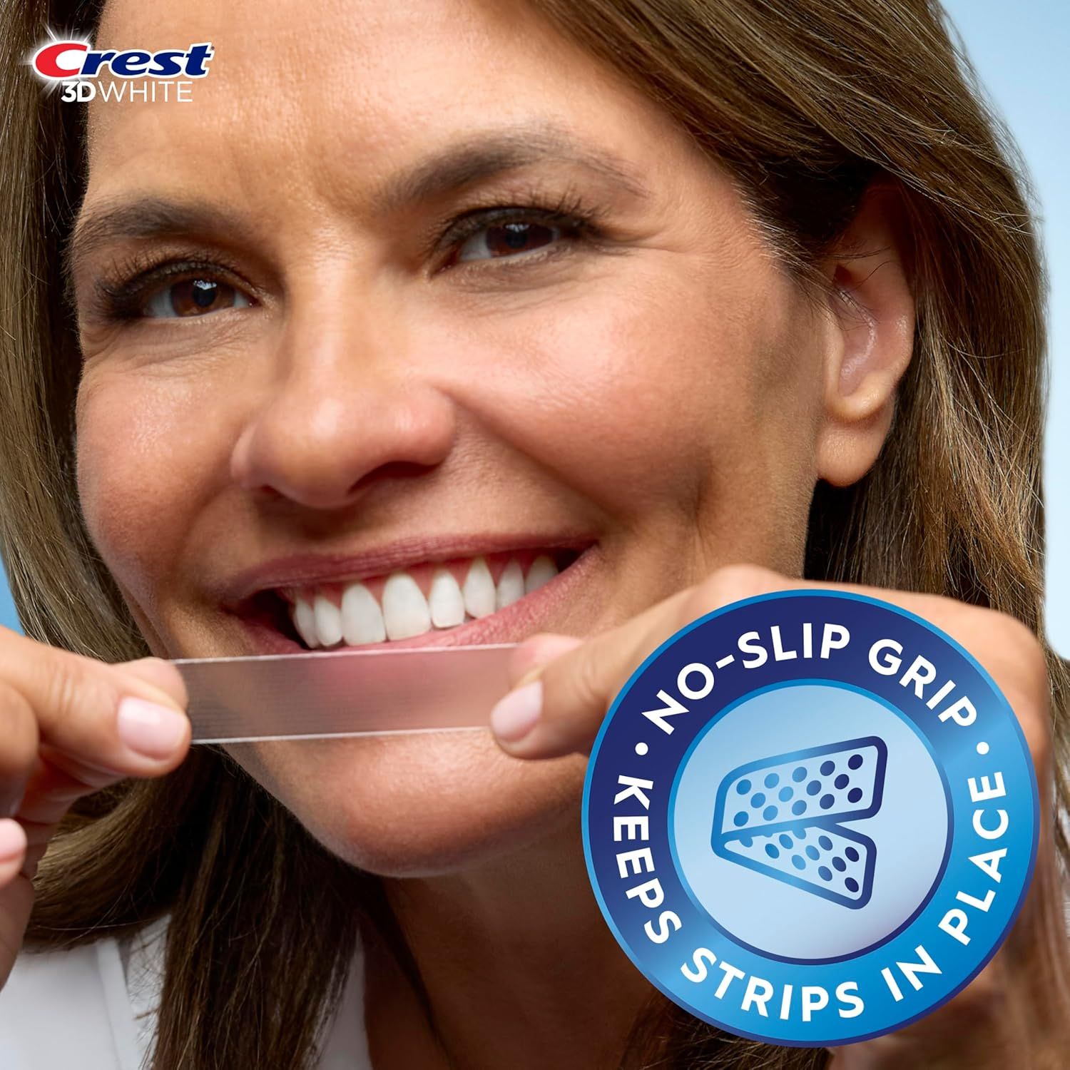 Communicates that the whitening strips stay securely in place during use, addressing a common pain point with competing products and reassuring shoppers of ease of use.