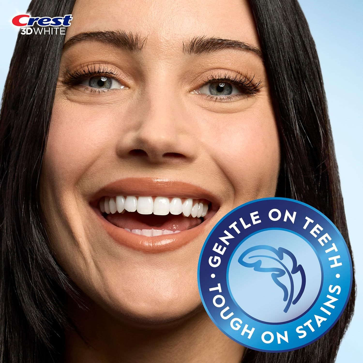 Communicates that Crest 3D White is gentle enough for teeth and tough on stains, reassuring shoppers they can achieve whitening without sensitivity or damage.