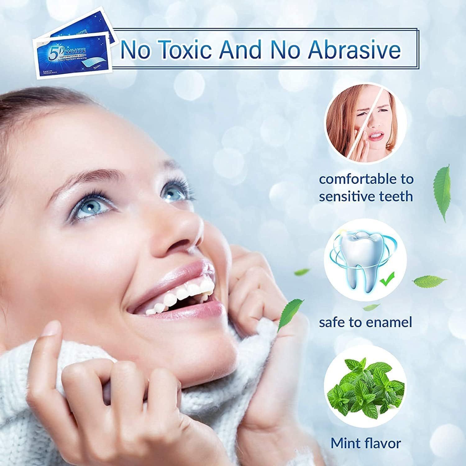 Communicates multiple safety and comfort benefits of the teeth whitening product, reassuring shoppers that it is gentle, safe, and pleasant to use.