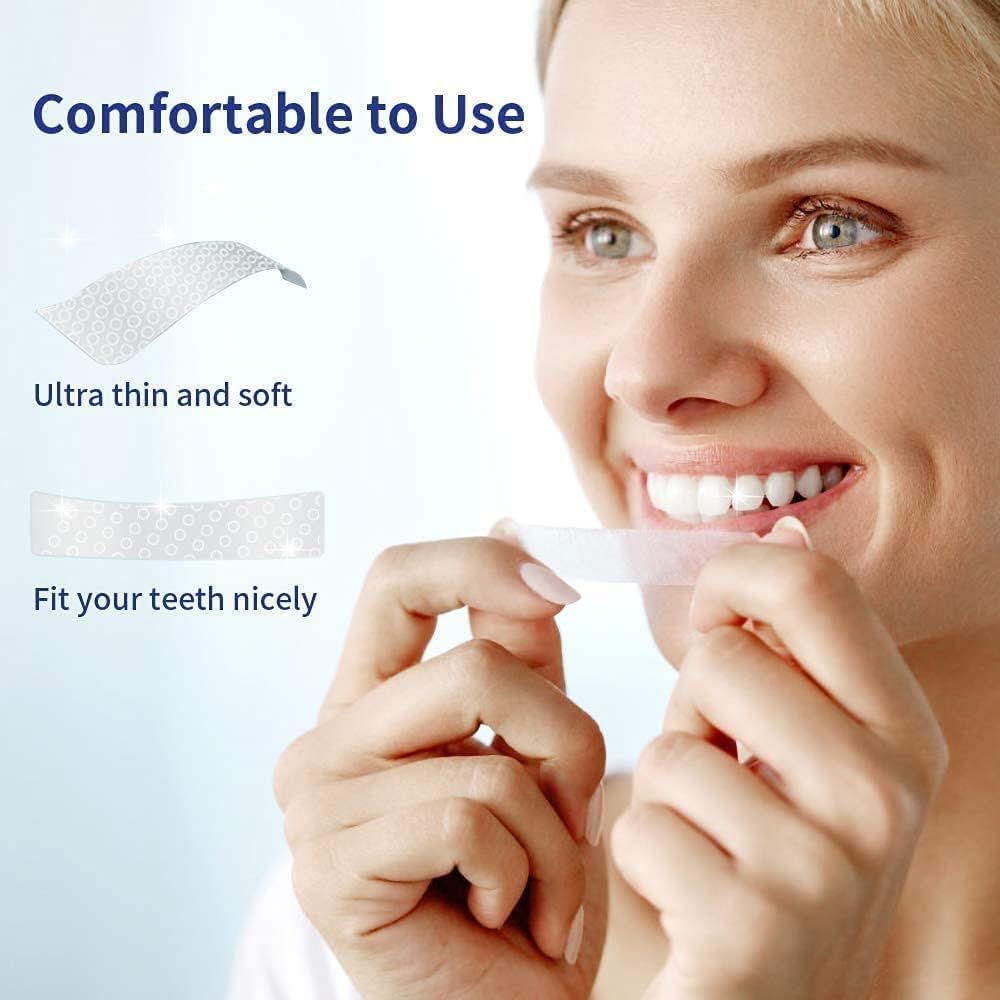 Communicates multiple comfort-related benefits of the dental product through a segmented layout with three distinct callouts, reassuring shoppers about ease of use and fit.