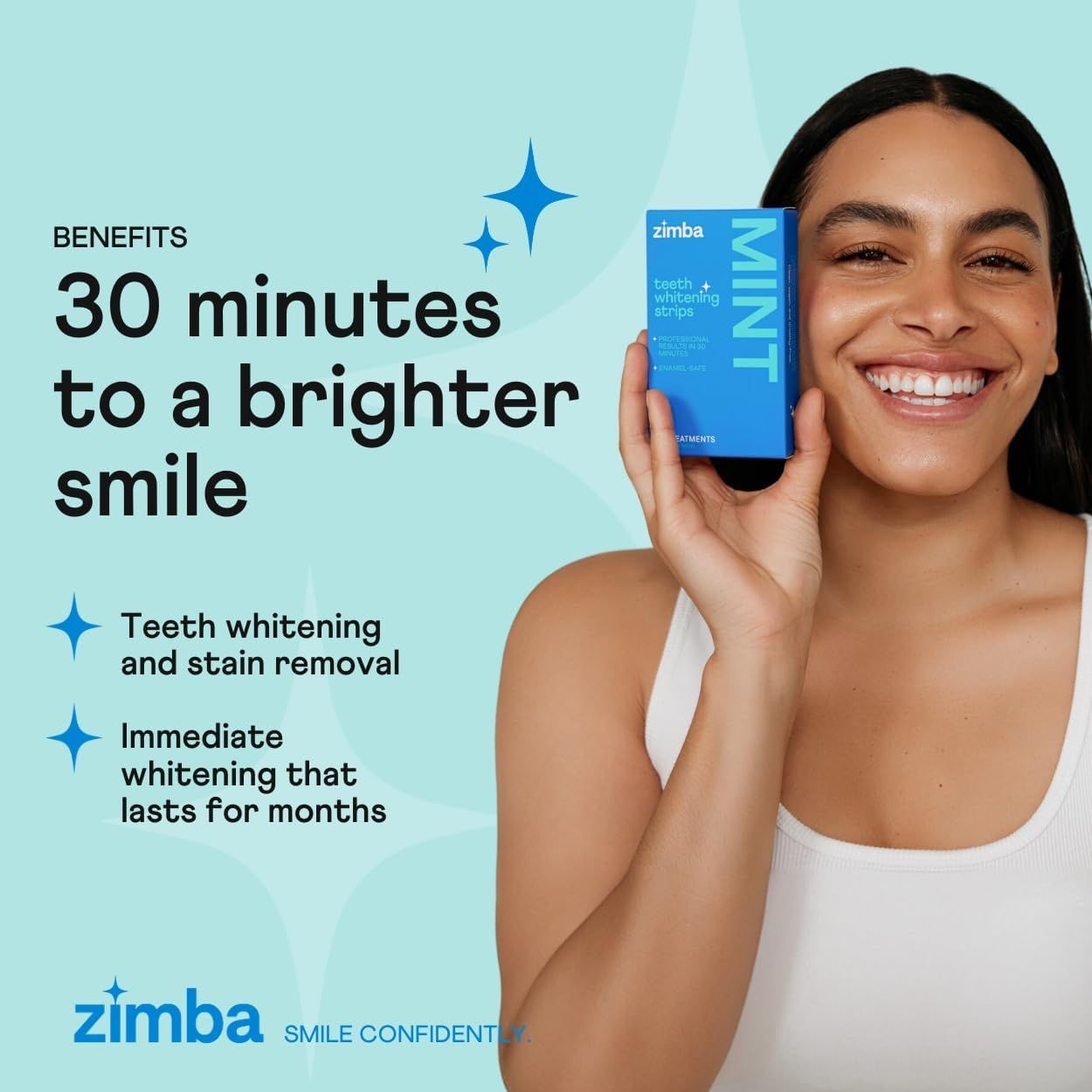 Communicates multiple distinct benefits of the teeth whitening product: speed of results, whitening effectiveness, and duration of results to convince shoppers of comprehensive value.