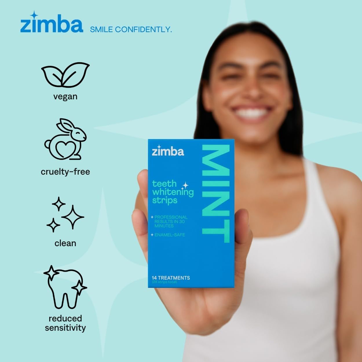 Communicates multiple product benefits in a visually segmented layout to reassure shoppers that the teeth whitening strips are ethical, safe, and gentle on teeth.