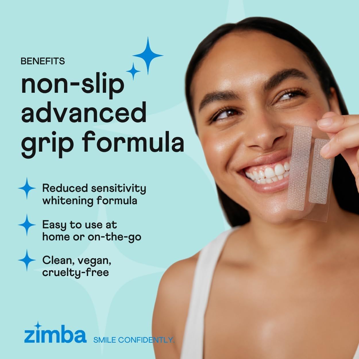 Communicates multiple distinct benefits of the whitening strips in a bulleted list format to reassure shoppers about grip, sensitivity, convenience, and ethical formulation.
