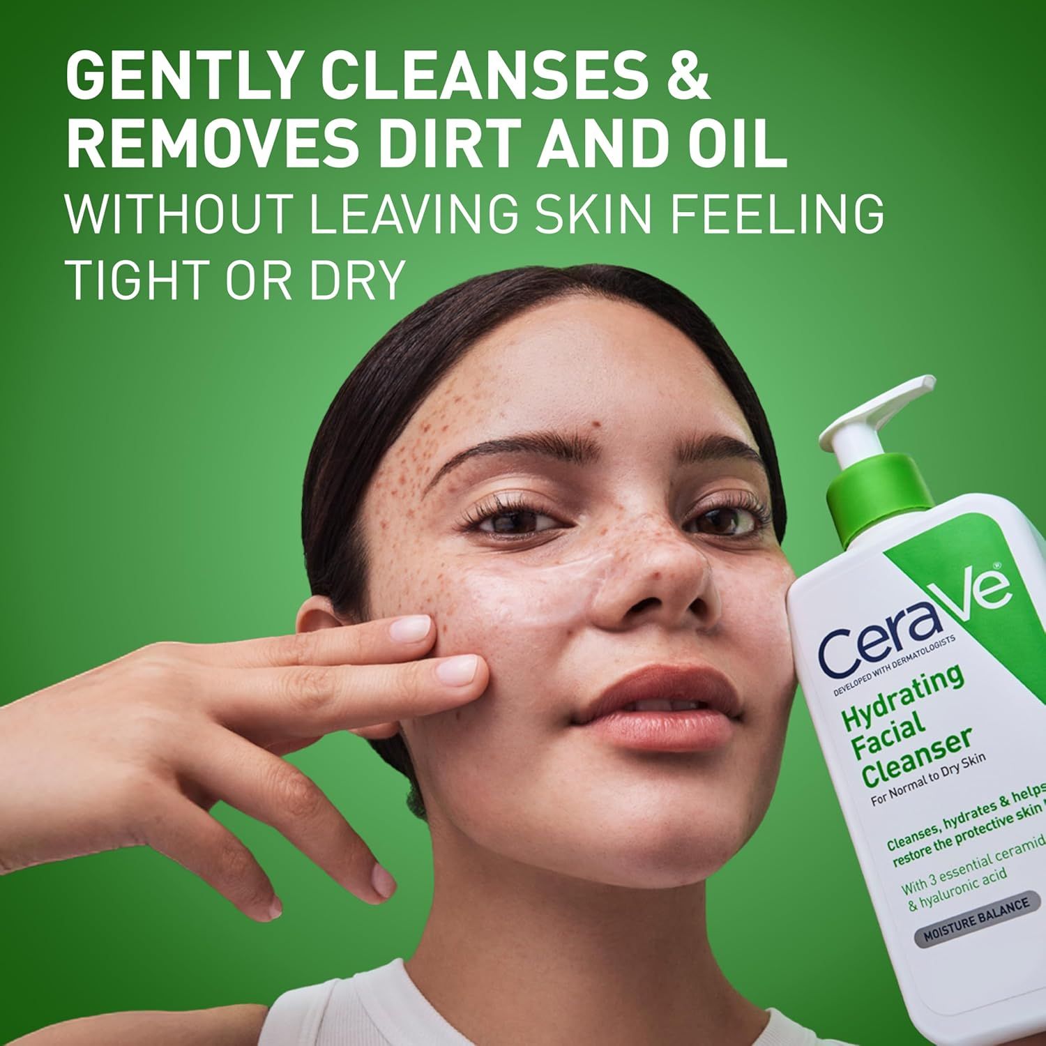 Communicates that the facial cleanser effectively removes dirt and oil while maintaining skin moisture and comfort, reassuring shoppers that it won't strip or dry out their skin.