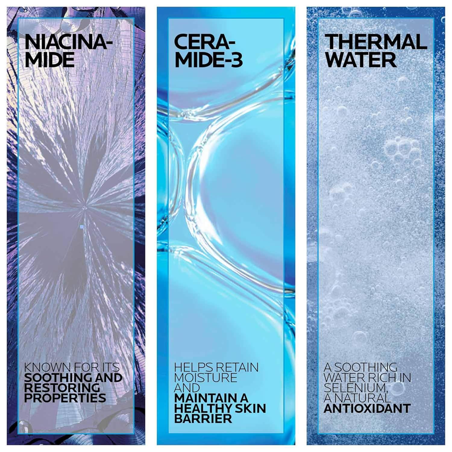 Communicates the product's three key ingredients and their distinct benefits in a visually segmented layout to reassure shoppers of the formula's comprehensive skincare benefits.