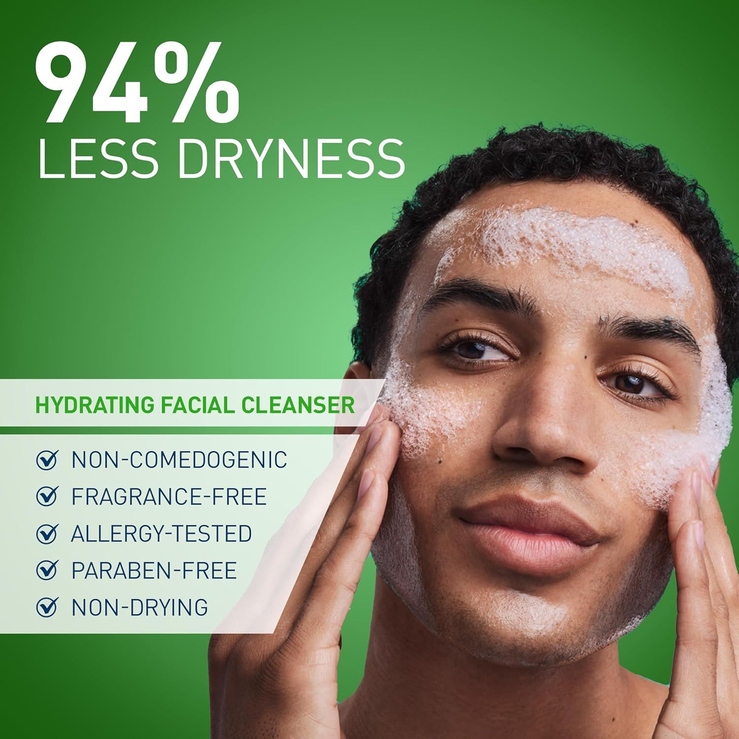 Communicates a quantifiable performance claim about the product's hydrating effectiveness to reassure shoppers that the cleanser won't dry out their skin. Highlights multiple product benefits and…