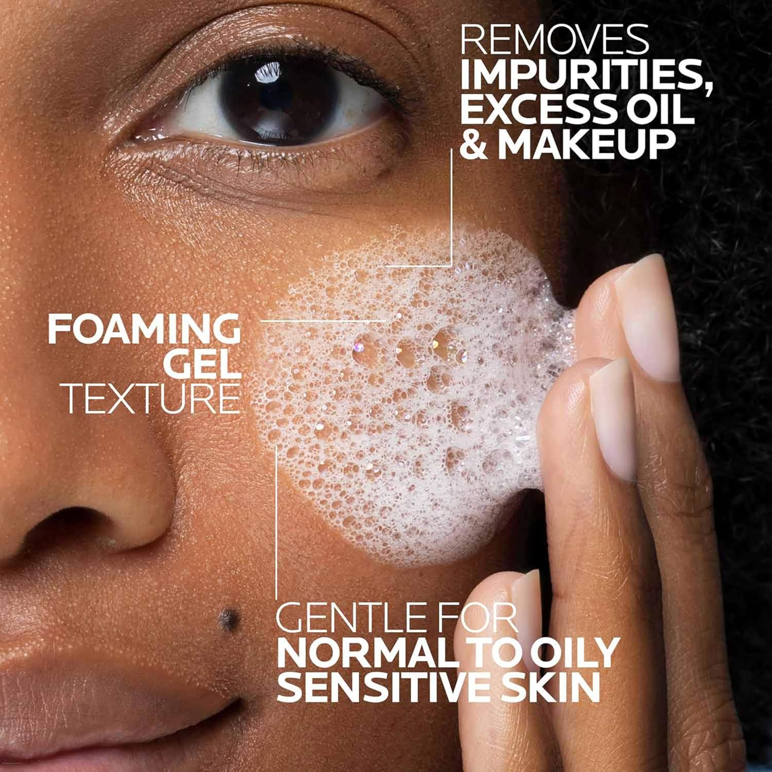 Communicates multiple key benefits of the facial cleanser in a visually segmented layout, showing what it removes, its texture, and its gentleness for different skin types.