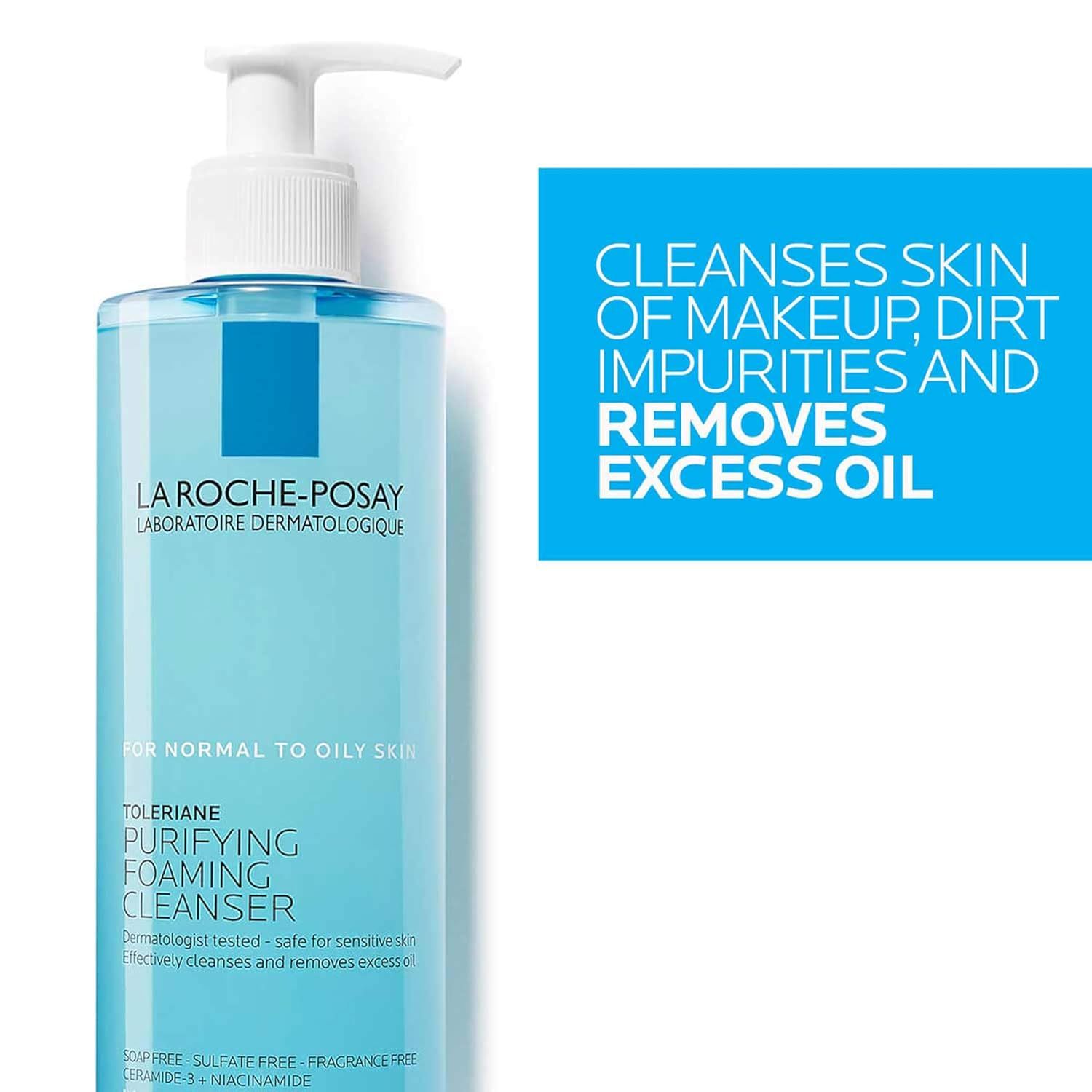 Communicates the primary cleansing benefit of the product—removing makeup, dirt, impurities, and excess oil—to reassure shoppers that this cleanser effectively purifies normal to oily skin.