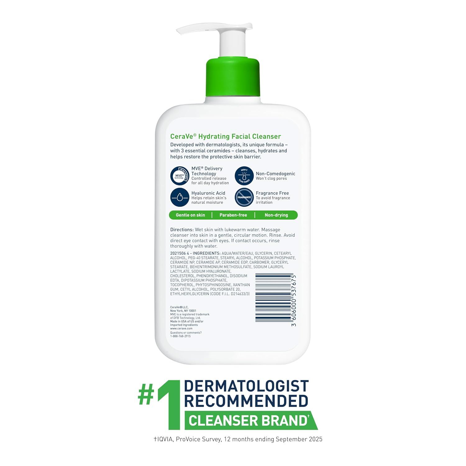 Communicates third-party professional endorsement to build trust and credibility by highlighting that this is the #1 dermatologist recommended cleanser brand. Showcases multiple product benefits…
