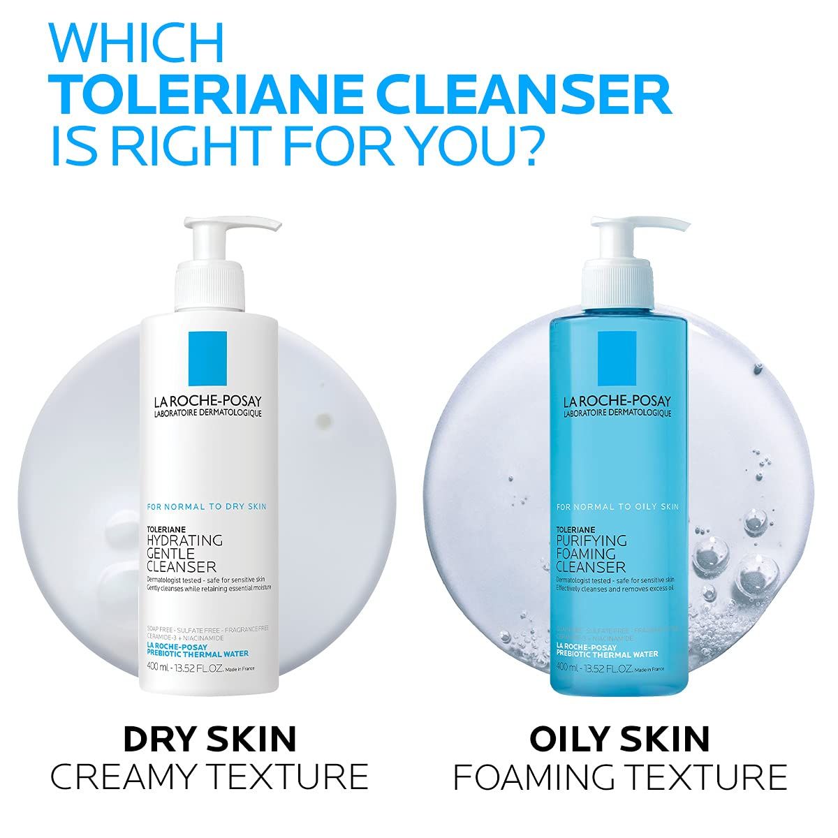 Helps shoppers choose between two variants of the same brand's cleanser line by clearly showing which product is suited for dry skin versus oily skin, making the selection process easier.