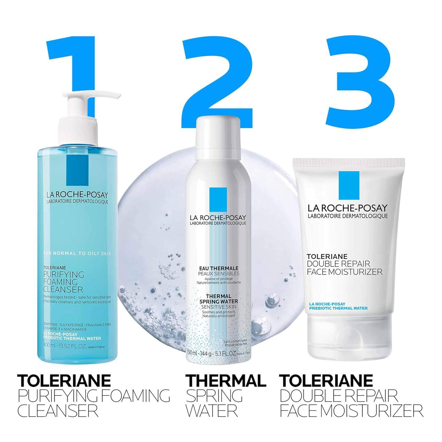 Demonstrates a simple 3-step skincare regimen using La Roche-Posay products to guide shoppers through proper product usage sequence.