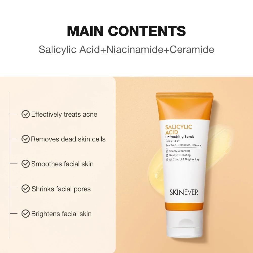Communicates the multiple skincare benefits of the salicylic acid scrub cleanser, including acne treatment, exfoliation, smoothing, pore reduction, and brightening to help shoppers understand the…