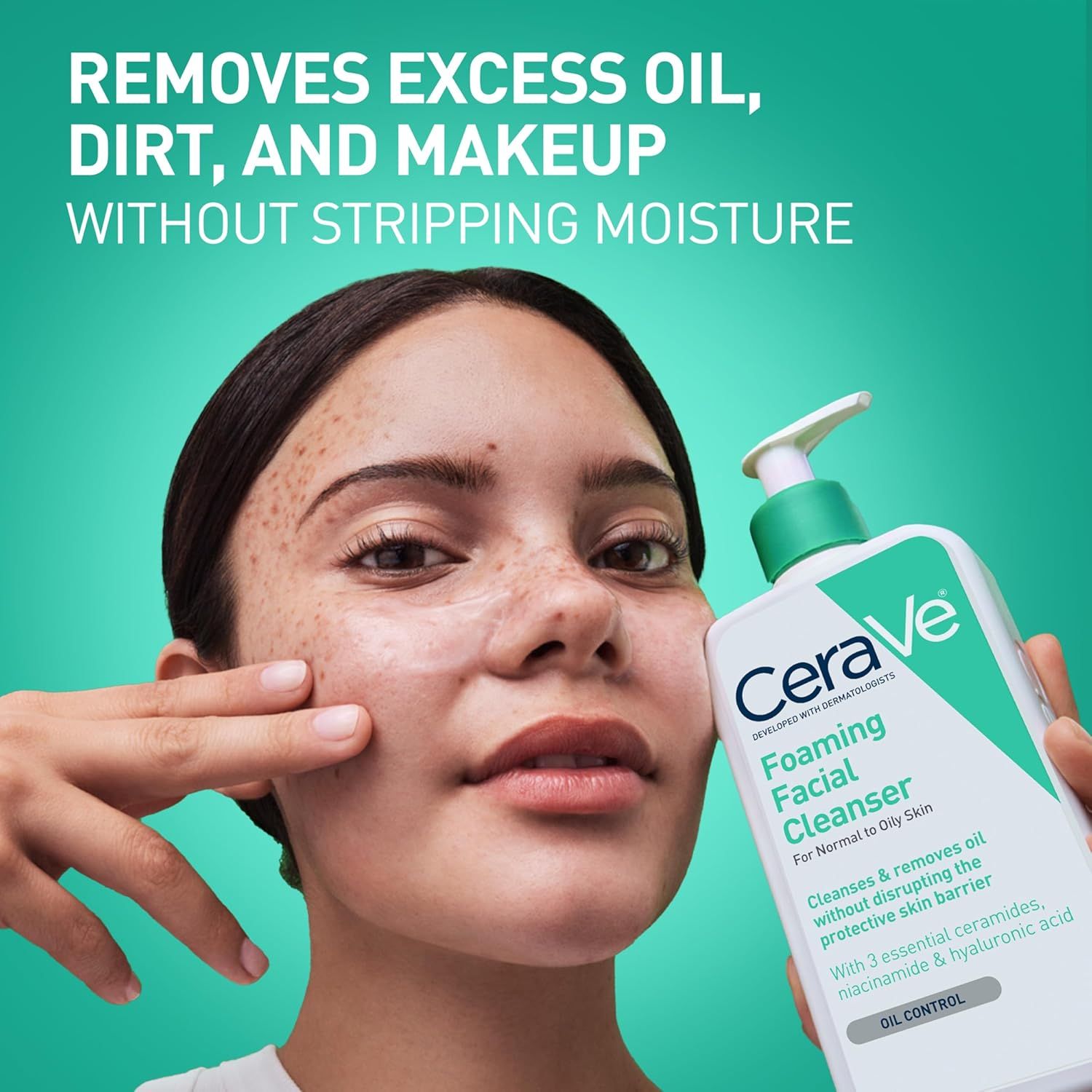 Communicates that the CeraVe Foaming Facial Cleanser effectively removes oil, dirt, and makeup while preserving skin moisture, reassuring shoppers with oily skin that it cleanses without over-drying.