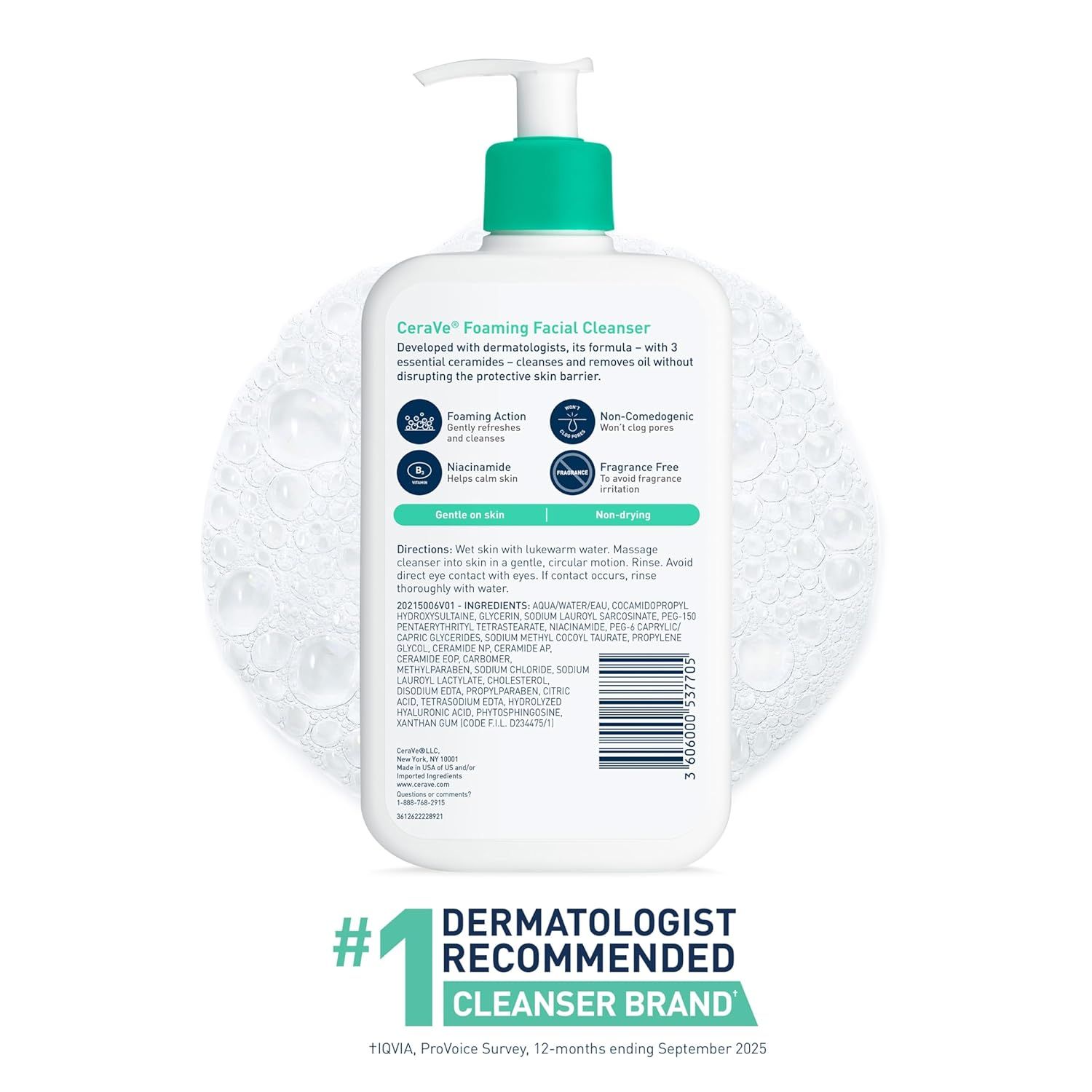 Communicates multiple key benefits of the facial cleanser in a segmented layout with icons, reassuring shoppers about its dermatologist-developed formula, gentle cleansing action, and skin-friendly…