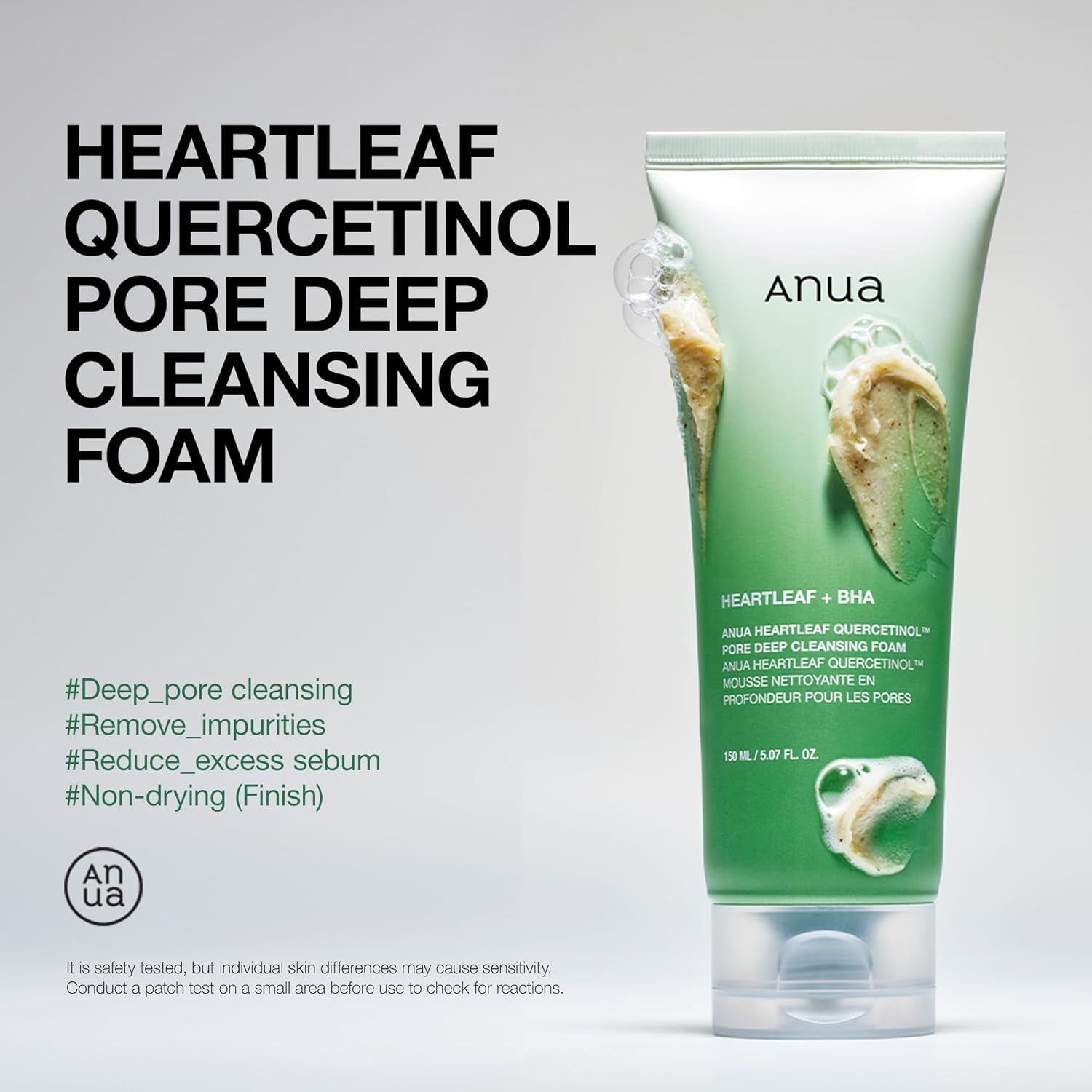 Communicates multiple distinct benefits of the cleansing foam in a segmented list format, showing shoppers that this product addresses several skincare concerns at once.