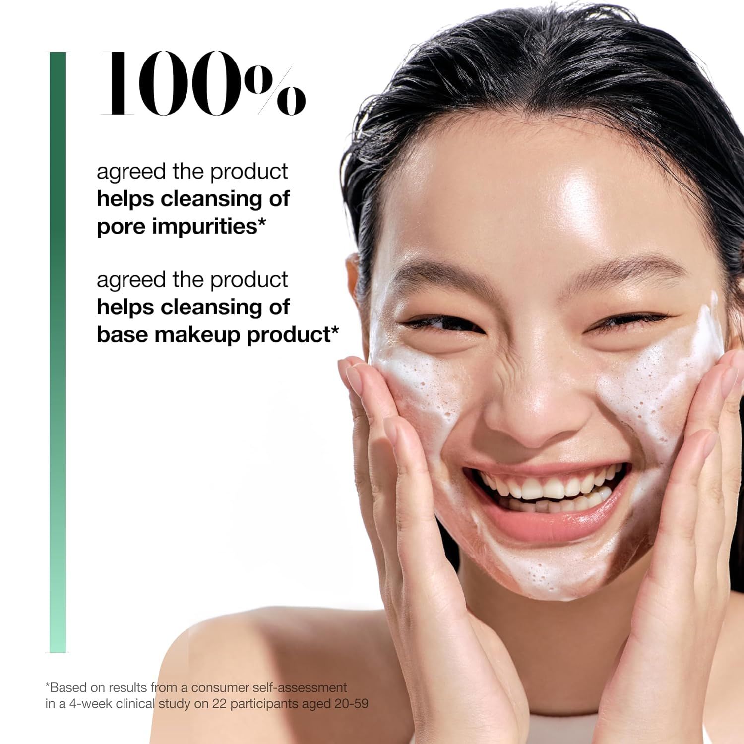 Communicates that 100% of study participants agreed the product effectively cleanses pore impurities and removes base makeup, providing strong social proof of the product's cleansing performance.…