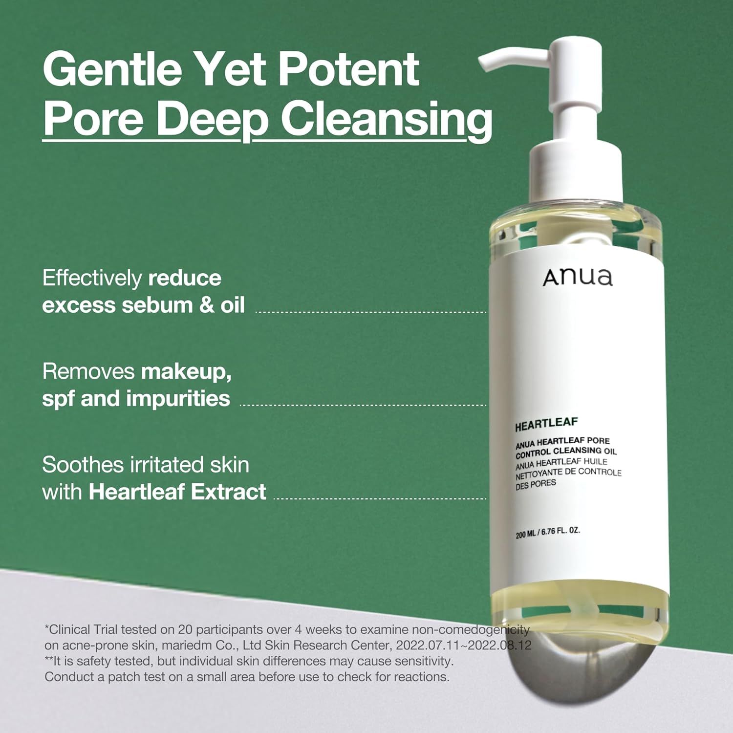 Communicates multiple distinct benefits of the cleansing oil in a segmented bullet-point layout to show shoppers the comprehensive skincare advantages of the product.