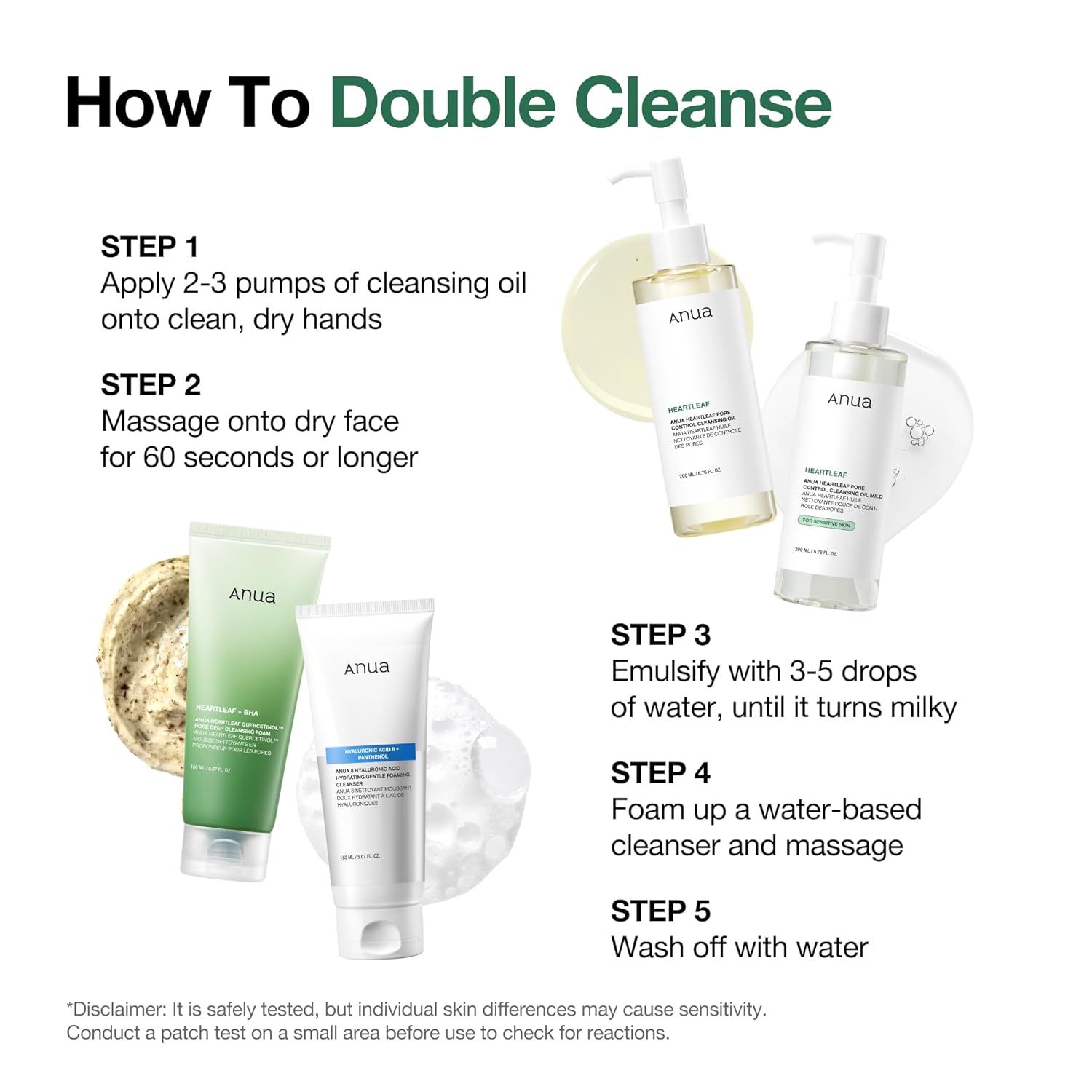 Provides step-by-step instructions on how to perform a double cleanse skincare routine using the brand's products, educating shoppers on proper usage technique.